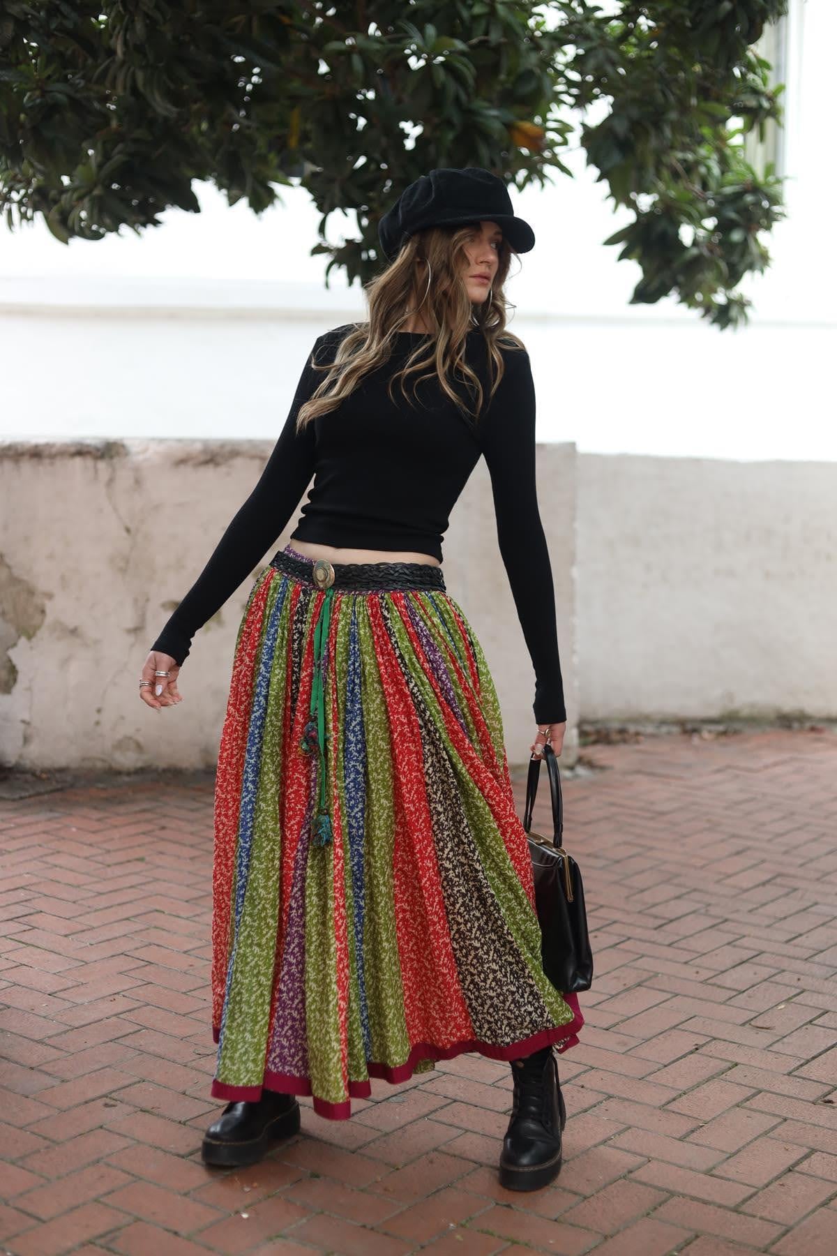 Renkli Beli Lastikli Püsküllü Patchwork Etek