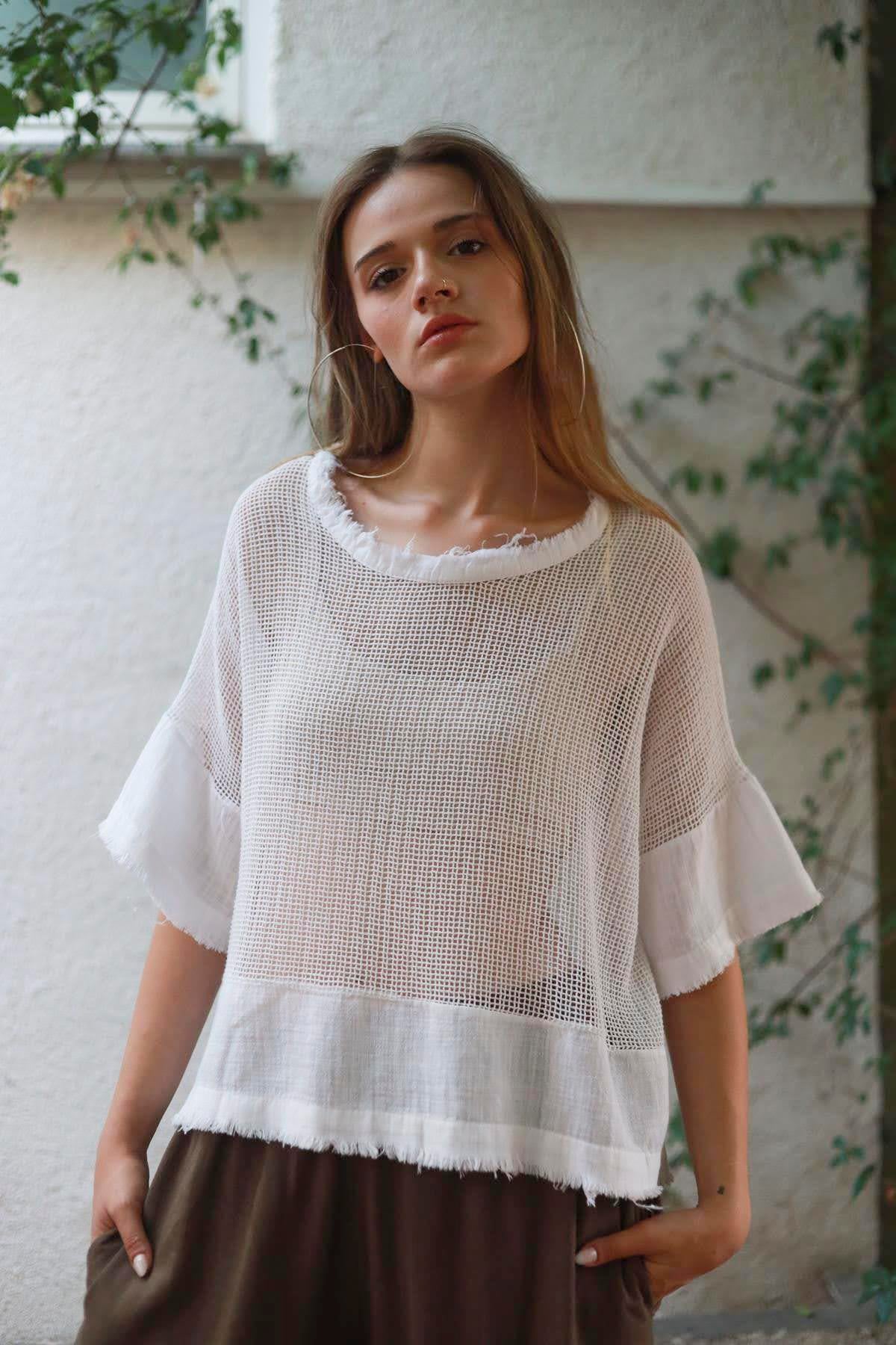 Beyaz File Garnili Bluz