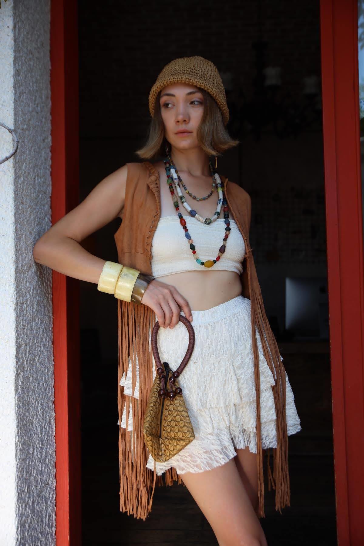 Camel Rengi Püsküllü Süet Deri Kovboy Yeleği - Şaman Butik Camel Rengi Püsküllü Süet Deri Kovboy Yeleği