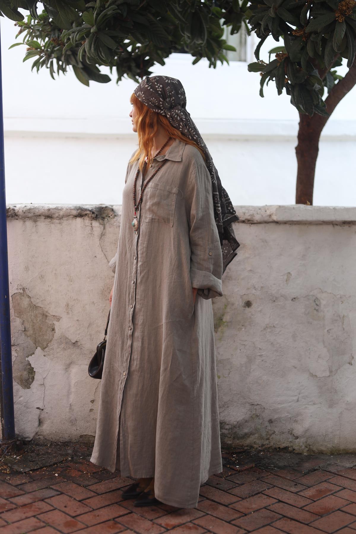 Vizon Rengi Tek Cepli Keten Gömlek Elbise