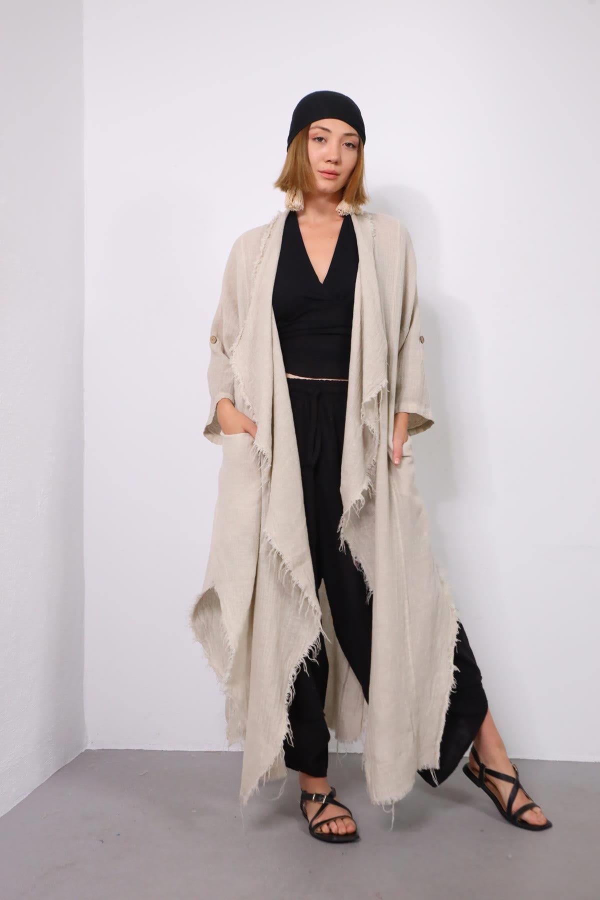 Cream Fringed Linen Caftan - Saman Butik | Shop Online Cream Fringed Linen Caftan