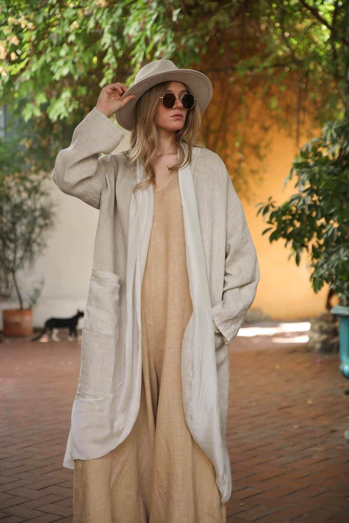 Taş Rengi İpek Detaylı Cepli Keten Kaftan
