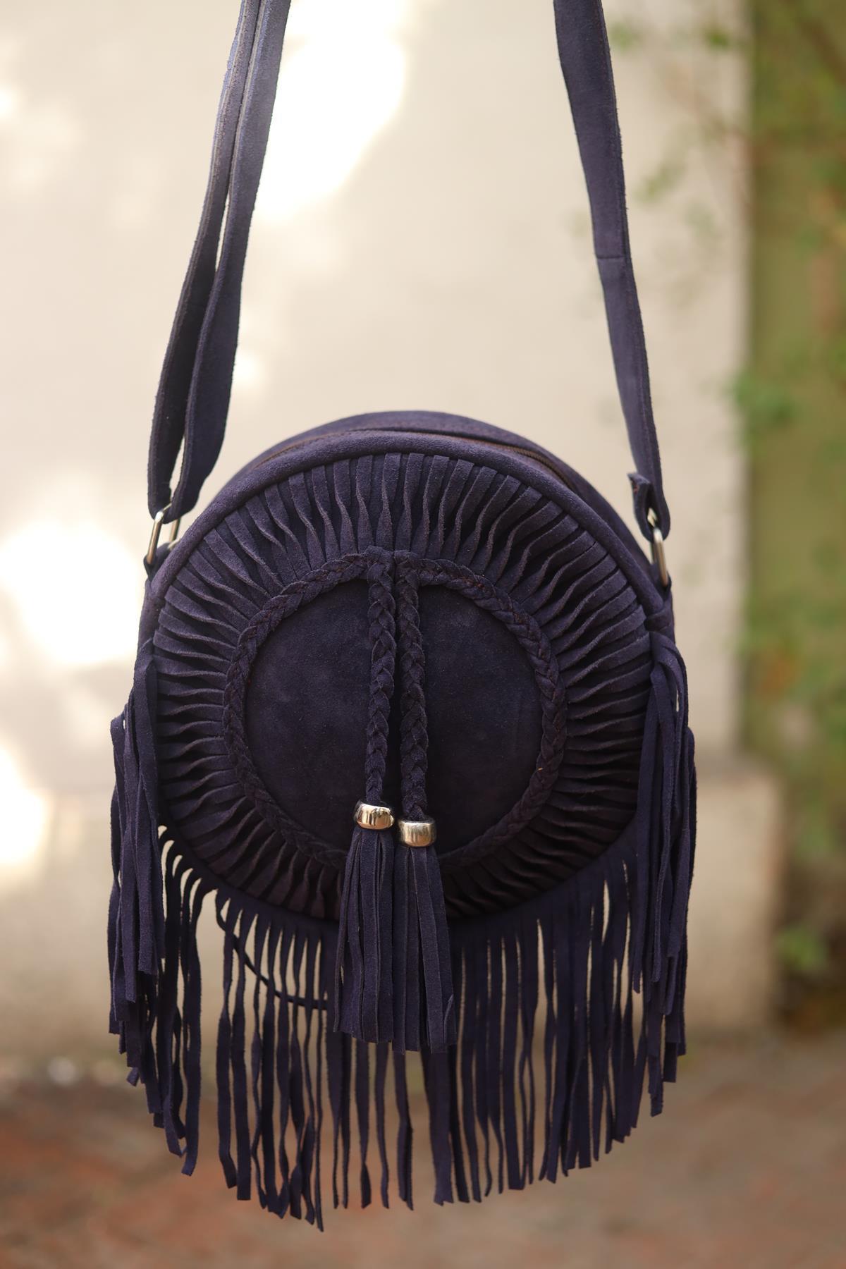 Navy Blue Tasseled Suede Leather Bag