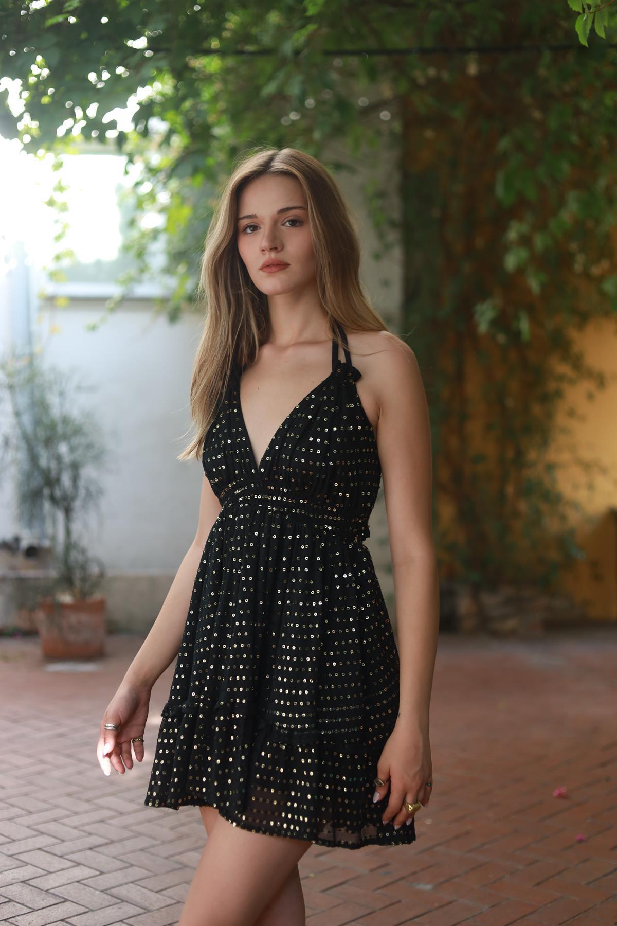 Black Sequin Embellished Lined Chiffon Dress