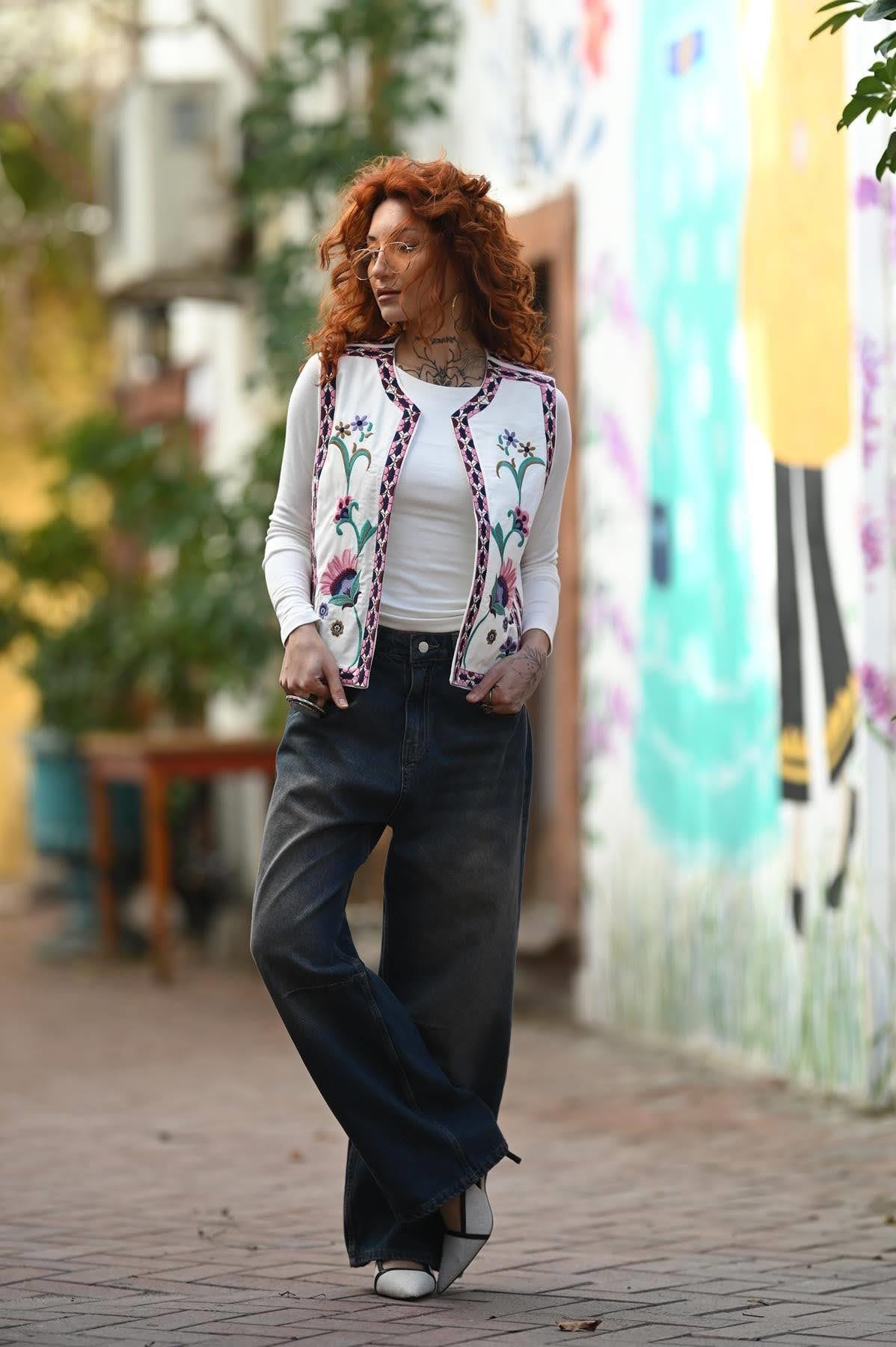 White Pink Flower Embroidered Vest