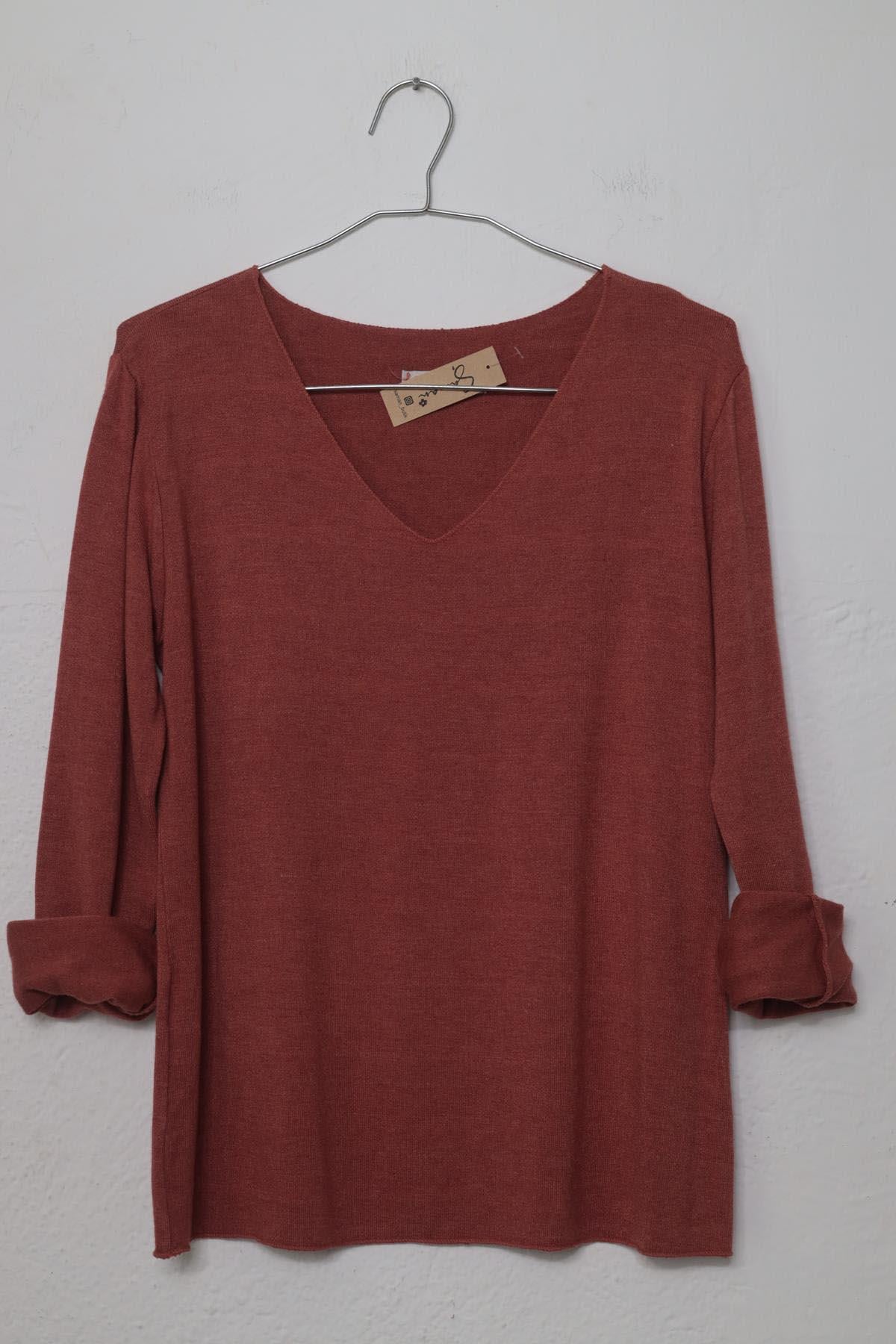 Kiremit Rengi Yumuşak Doku V Yaka Bluz