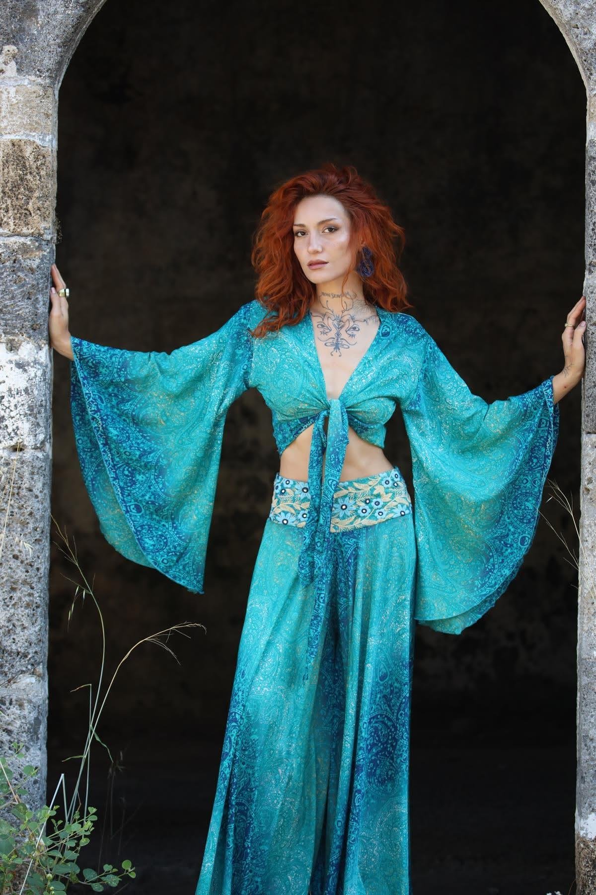 Turquoise Patterned Silk Trouser Skirt