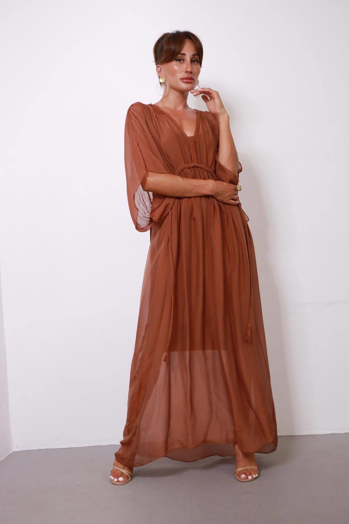  Kahverengi Örgü Detaylı Astarlı İpek Elbise