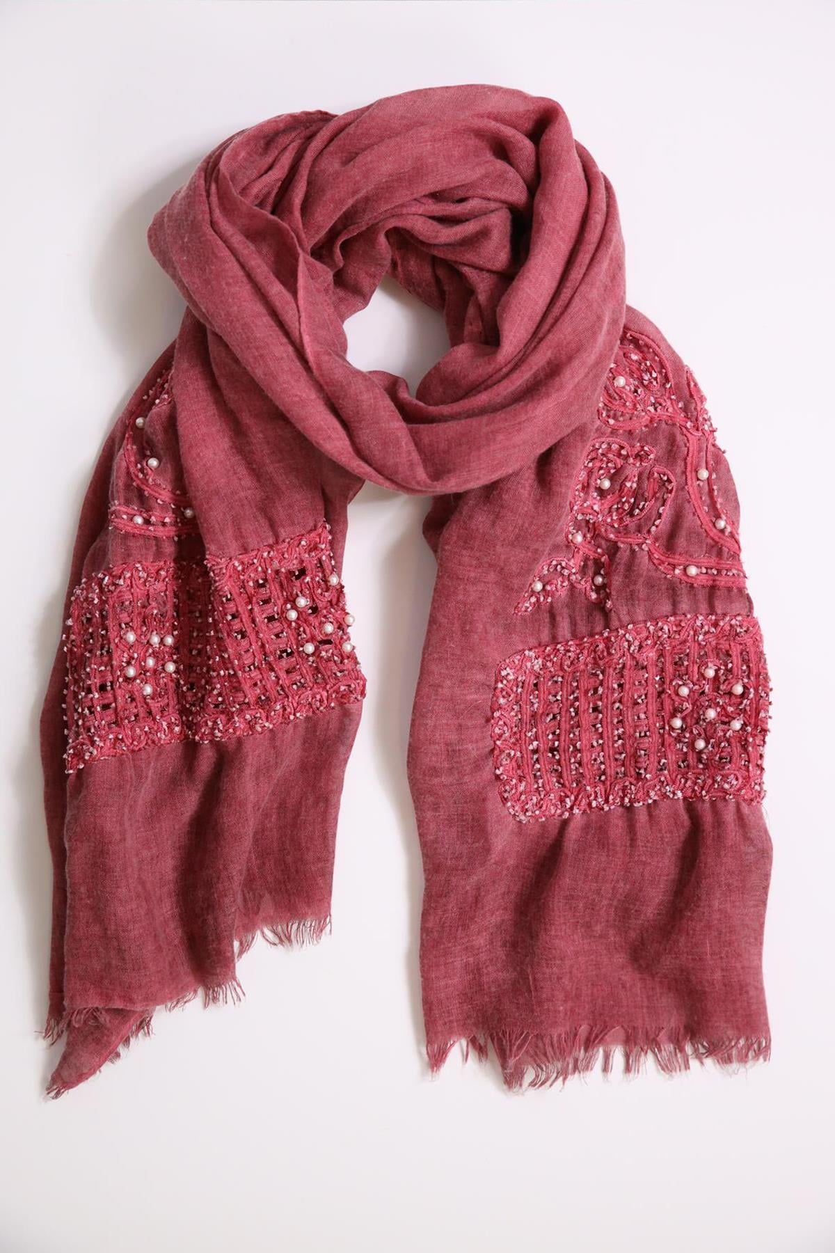  Fuşya File Detay İnci İşlemeli Şal
