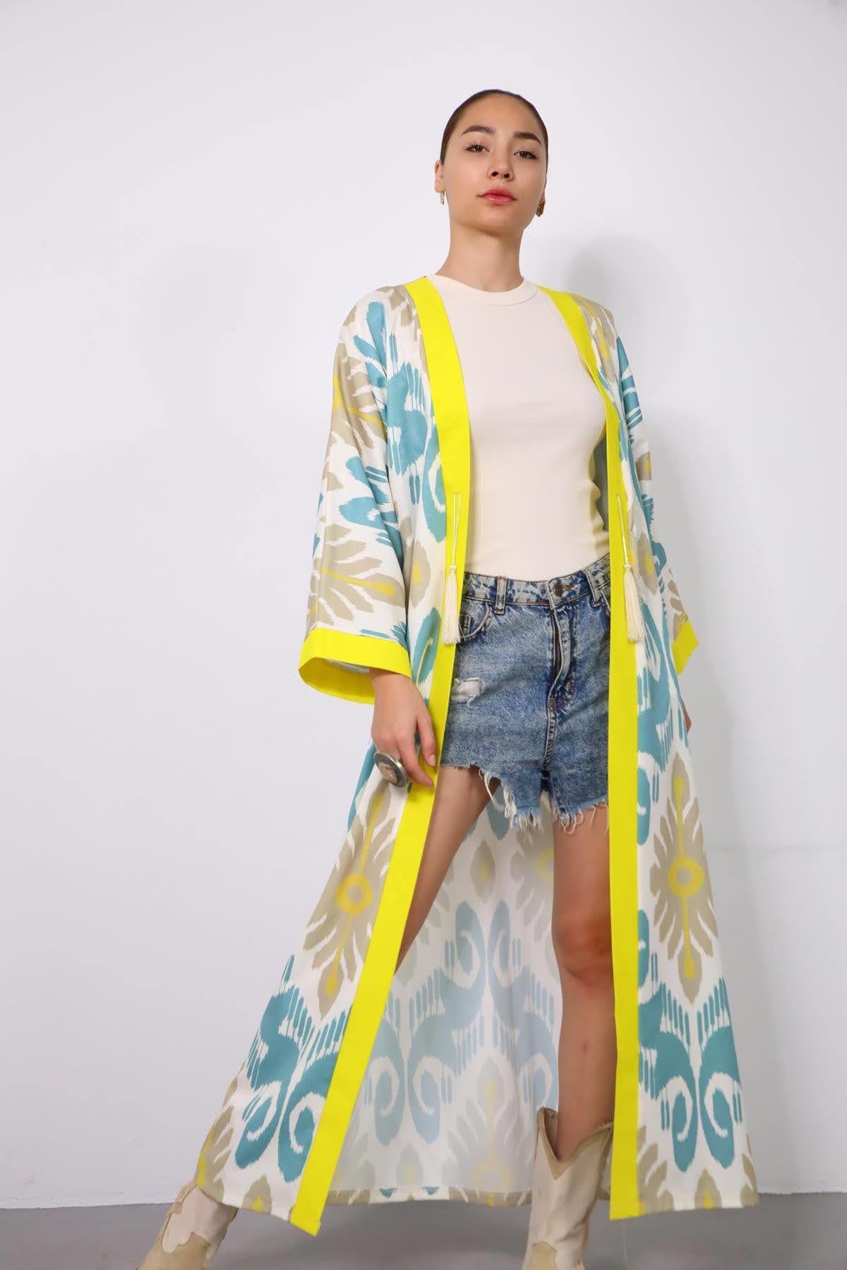Yellow Patterned Kimono with Side Slits - Saman Butik | Shop Online Yellow Patterned Kimono with Side Slits