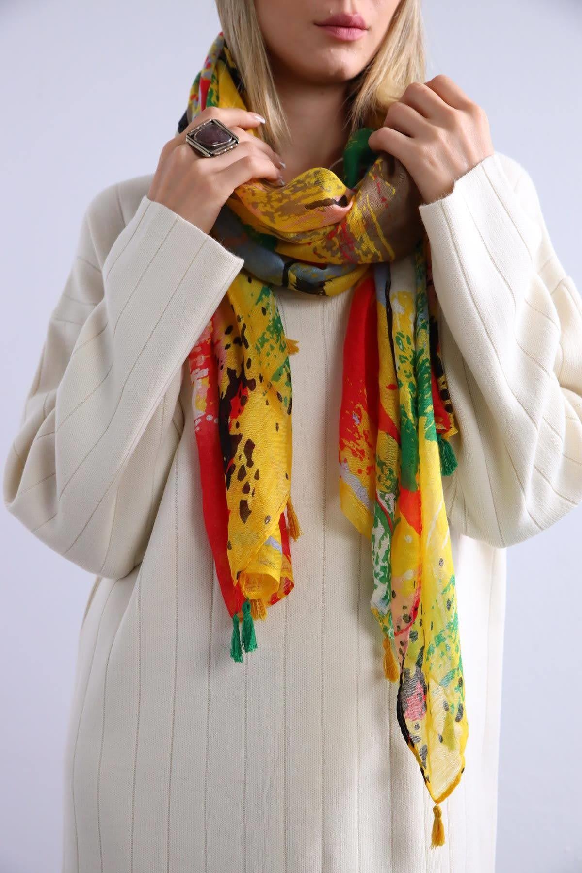 Renkli Fırça Baskı Pamuk Şal - Şaman Butik Renkli Fırça Baskı Pamuk Şal