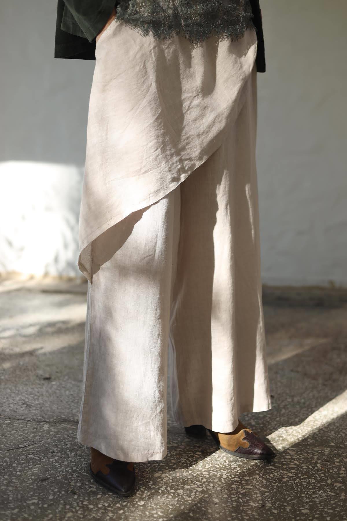 Taş Rengi Önü Kapaklı Keten Pantolon