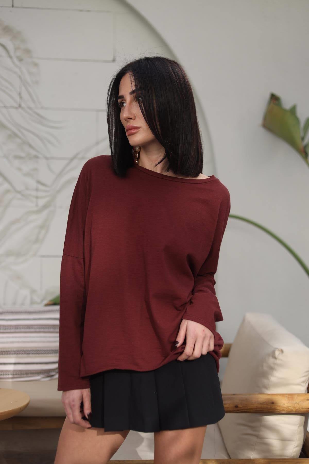 Bordo Dikiş Detaylı Salaş Penye Bluz