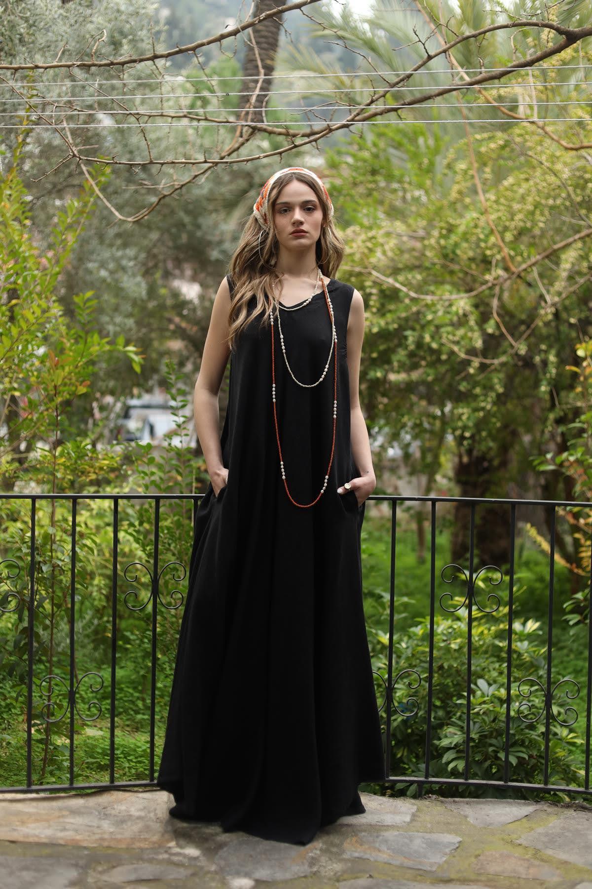 Siyah V Yaka Cepli Kolsuz Keten Elbise