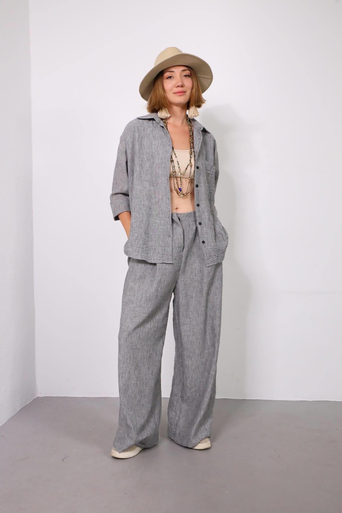 Gri Keten Klasik Düğmeli Pantolon ve Gömlek Takım - Şaman Butik Gri Keten Klasik Düğmeli Pantolon ve Gömlek Takım