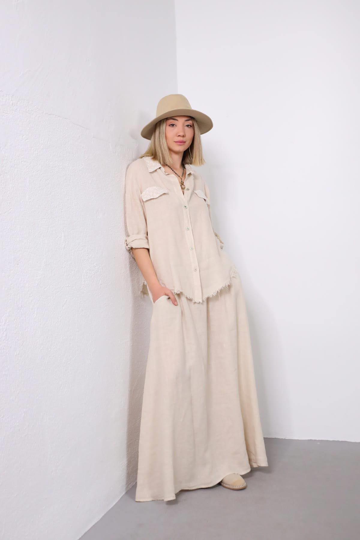 Krem Rengi Çiçek İşlemeli Keten Gömlek ve Etek Takım - Şaman Butik Krem Rengi Çiçek İşlemeli Keten Gömlek ve Etek Takım