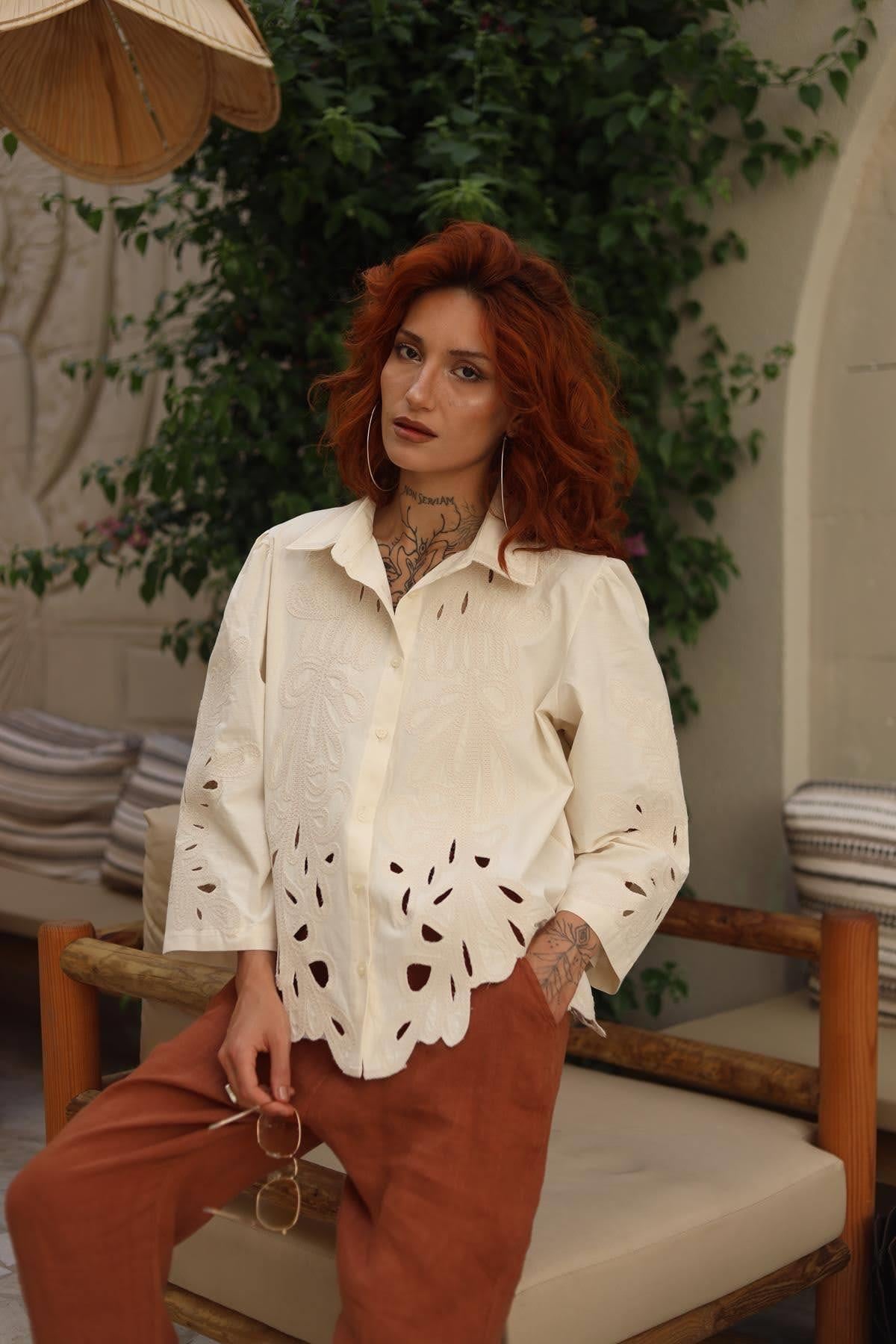 Cream Color Embroidered Shirt