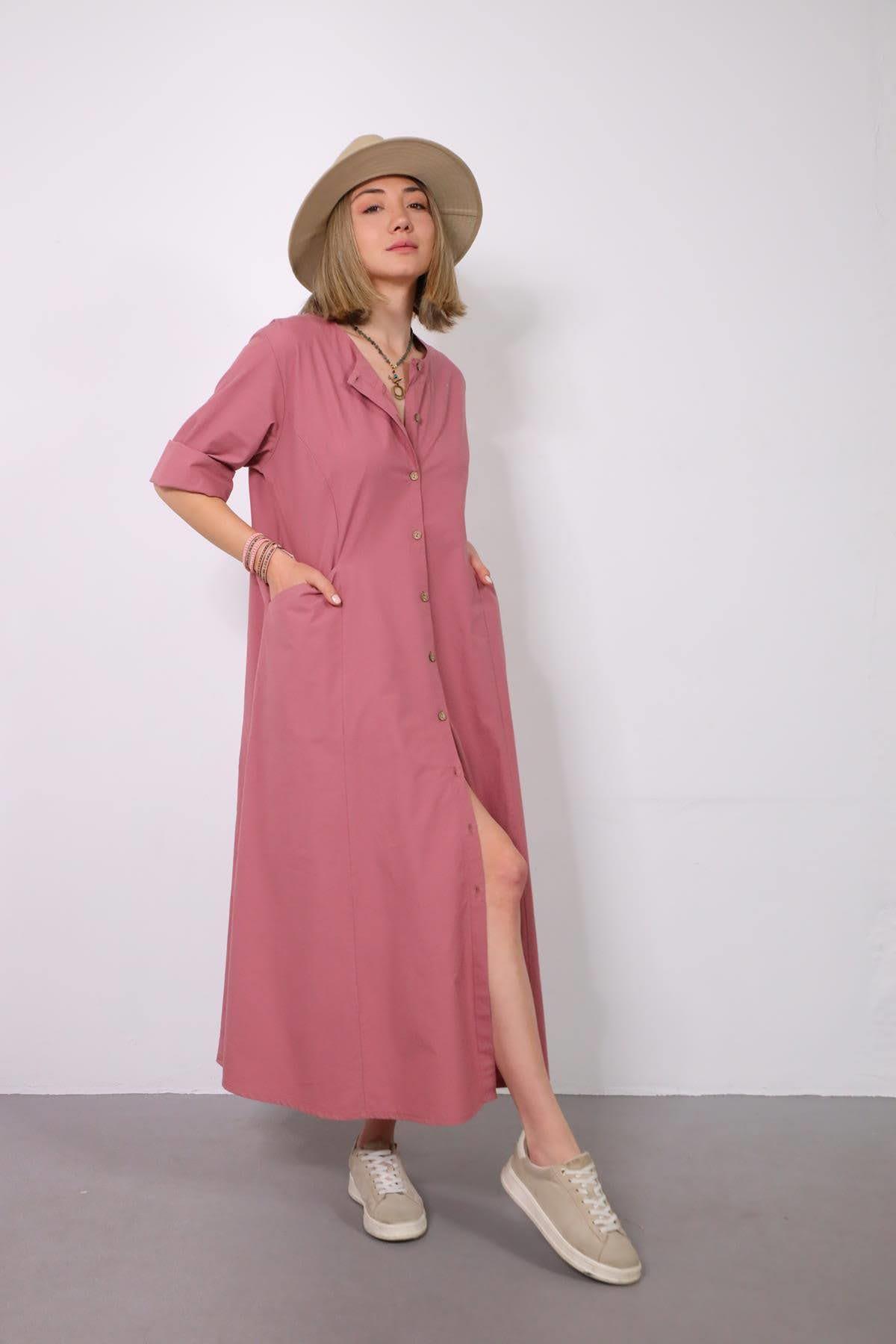 Gül Kurusu Bisiklet Yaka Yanları Cepli Gömlek Elbise - Şaman Butik Gül Kurusu Bisiklet Yaka Yanları Cepli Gömlek Elbise