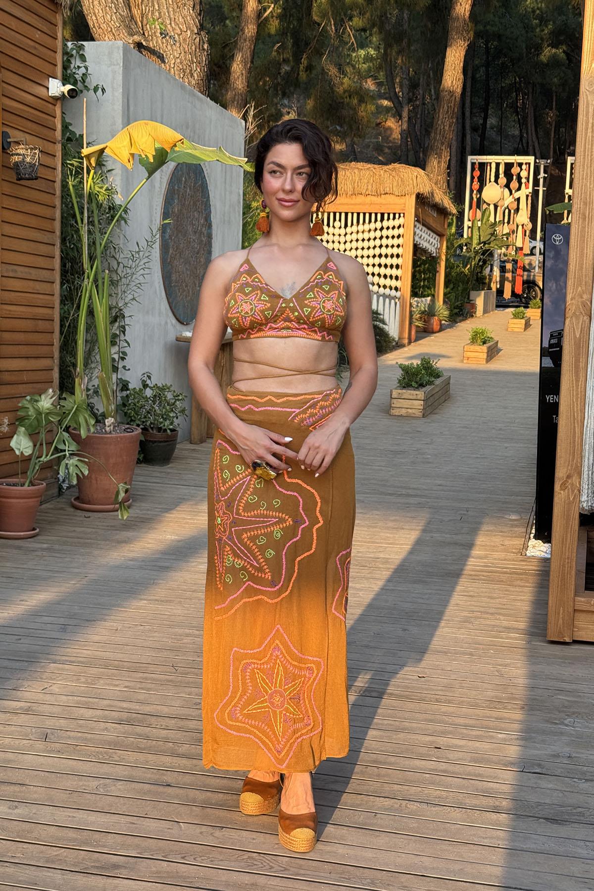 Camel Color Embroidered Crop Top and Skirt Set