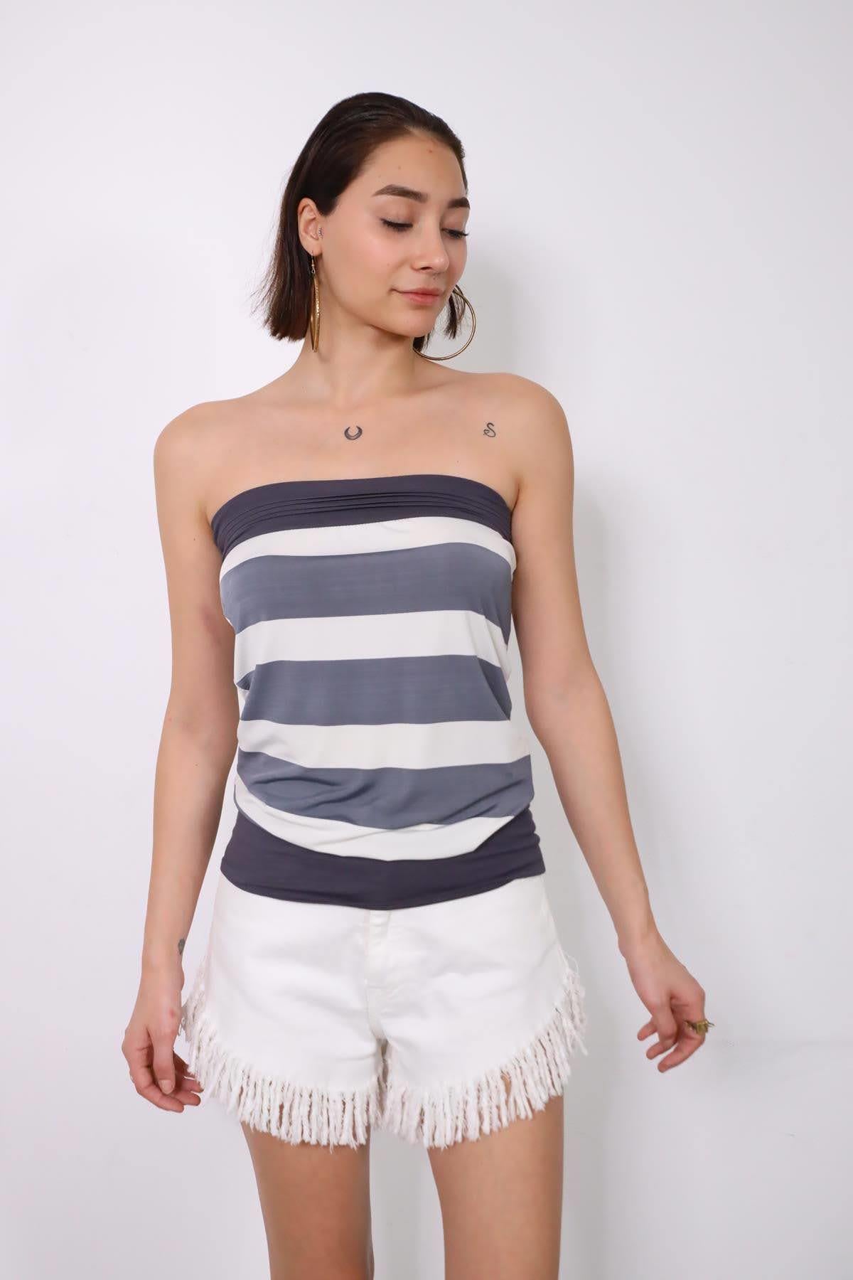 Gri Çizgili Straplez Bluz - Şaman Butik Gri Çizgili Straplez Bluz