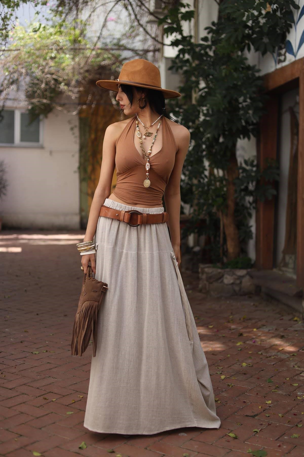 Krem Rengi Ayarlanabilir Askılı Soft Keten Etek