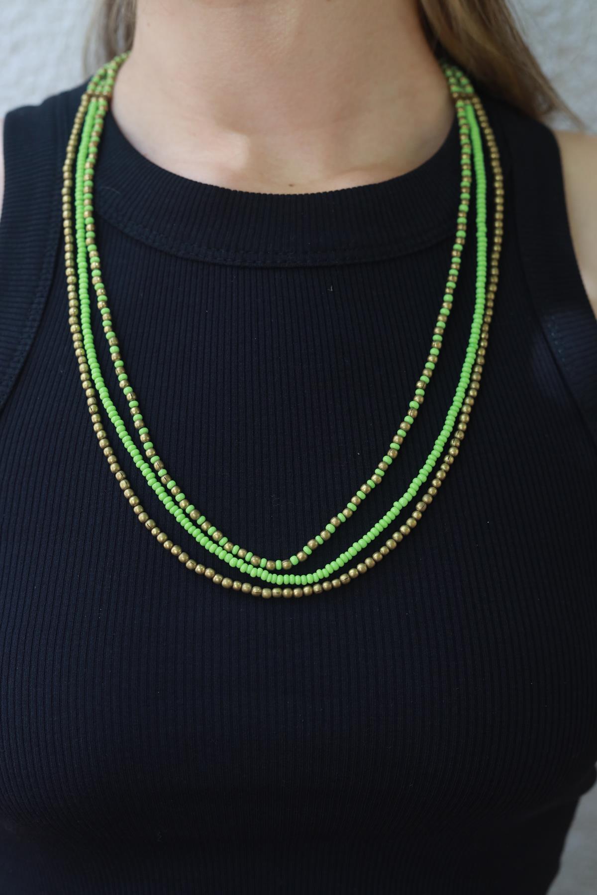 Bronz Ve Yeşil Boncuklu Çoklu Kolye