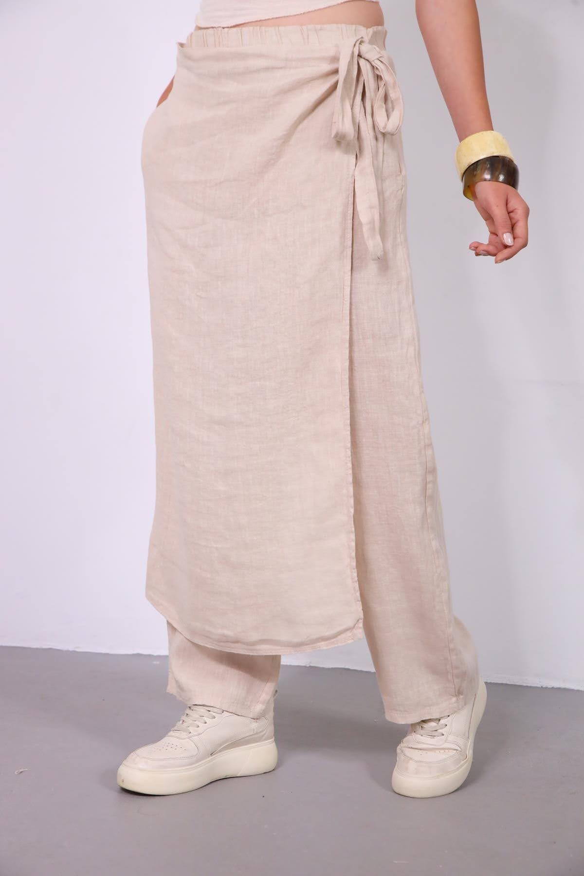Krem Rengi Tek Parça Detaylı Keten Pantolon - Şaman Butik Krem Rengi Tek Parça Detaylı Keten Pantolon