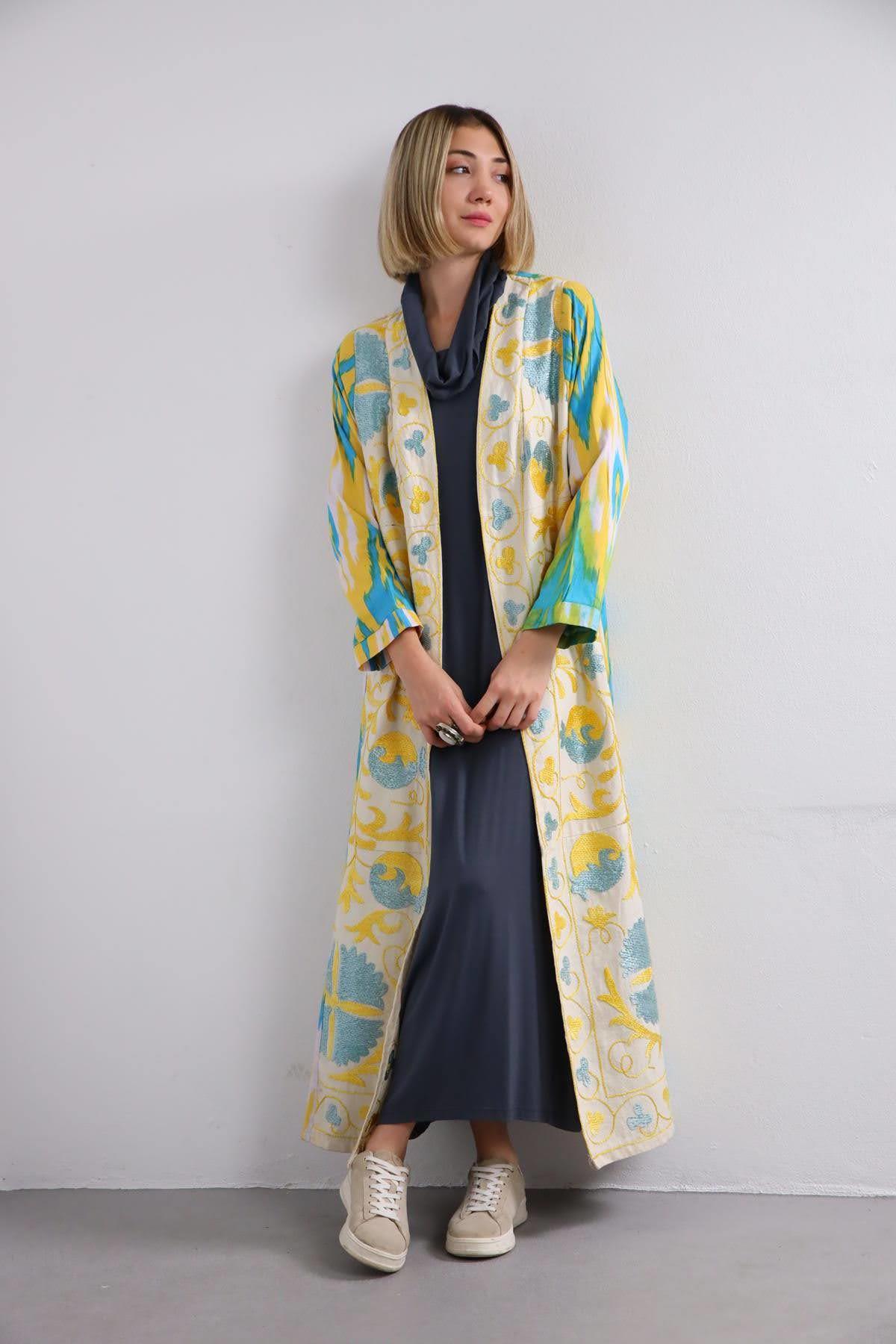 Yellow Ethnic Embroidered Suzani Caftan Saman Butik Shop Online