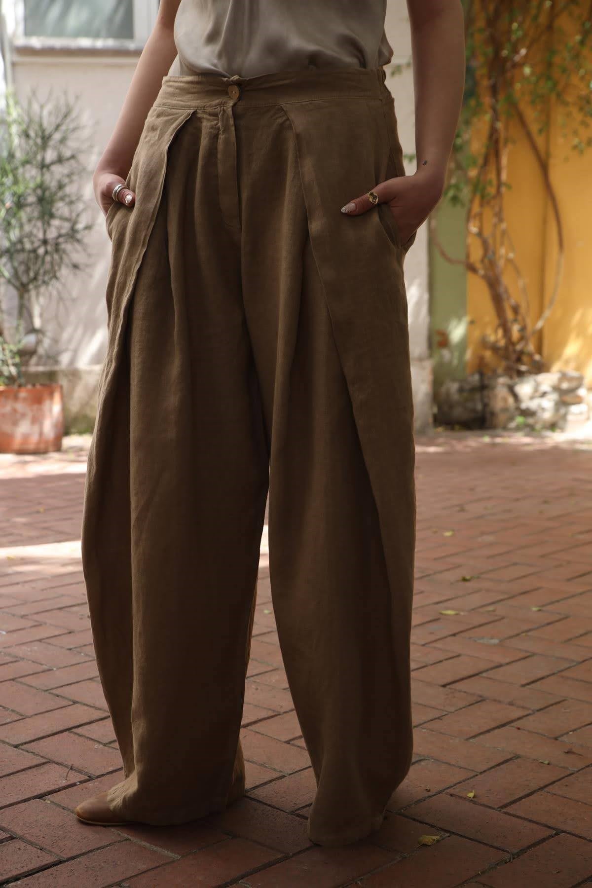 Camel Rengi Pileli Bol Paça Keten Pantolon