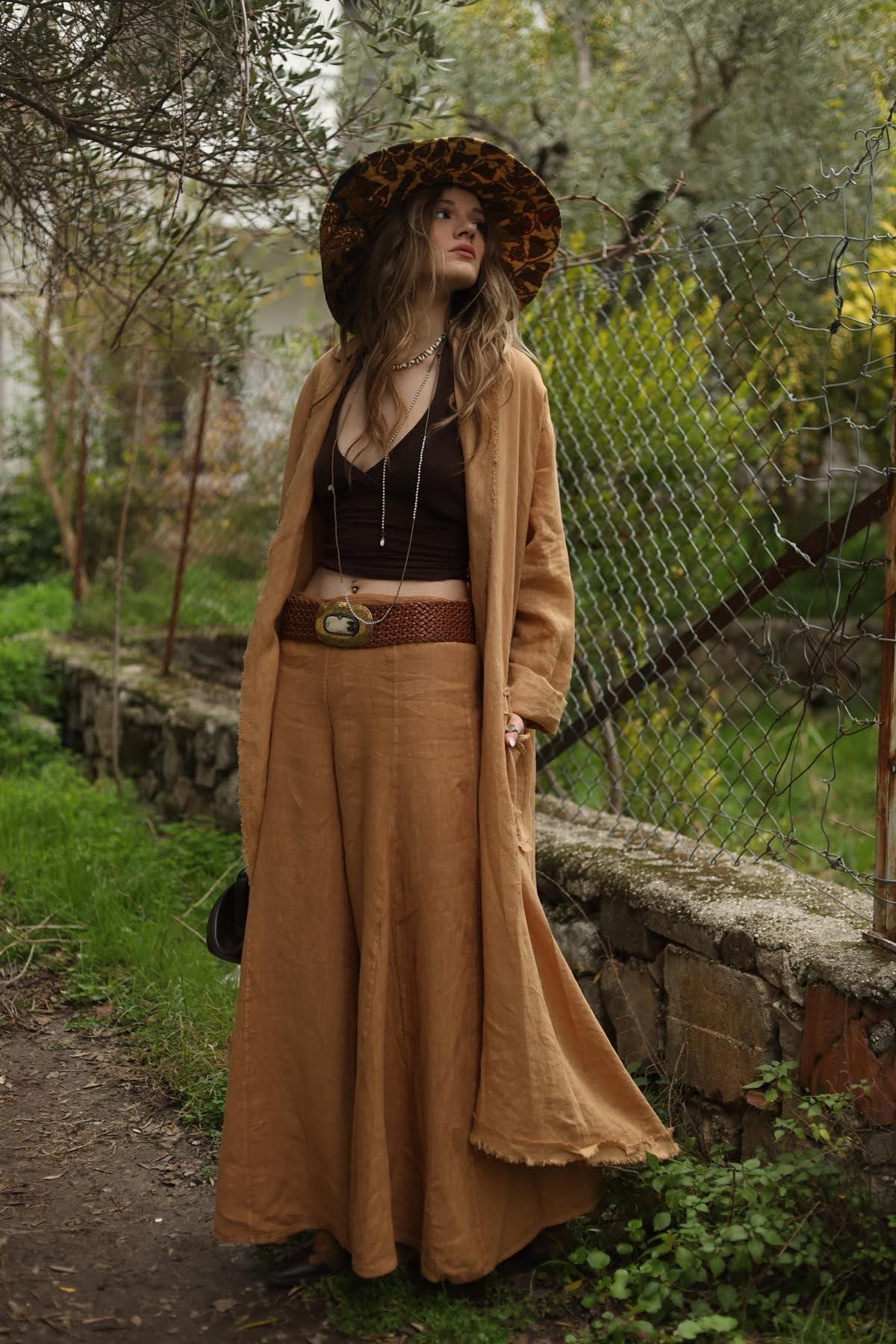 Camel Rengi Püskül Detaylı Cepli Keten Kaftan