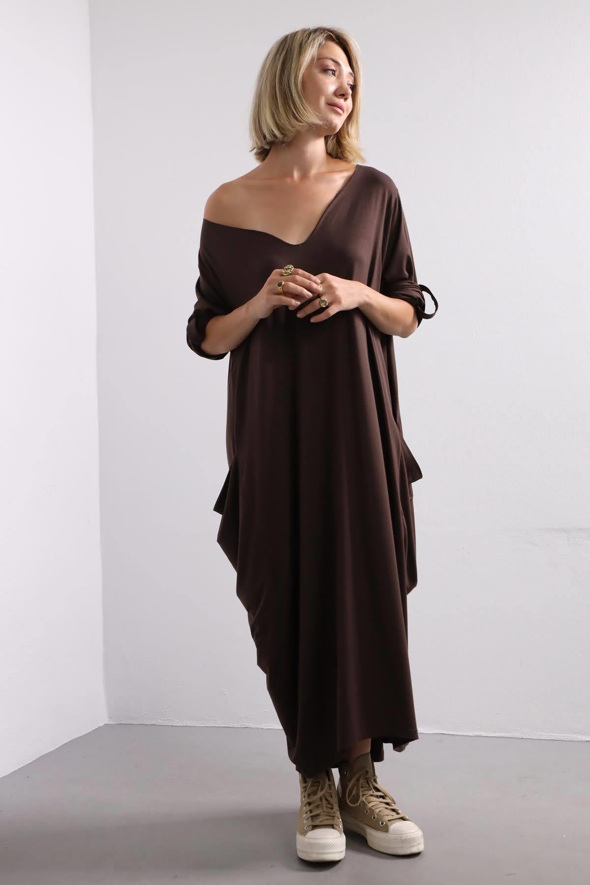 Kahverengi Asiye Cepli Elbise - Şaman Butik Kahverengi Asiye Cepli Elbise