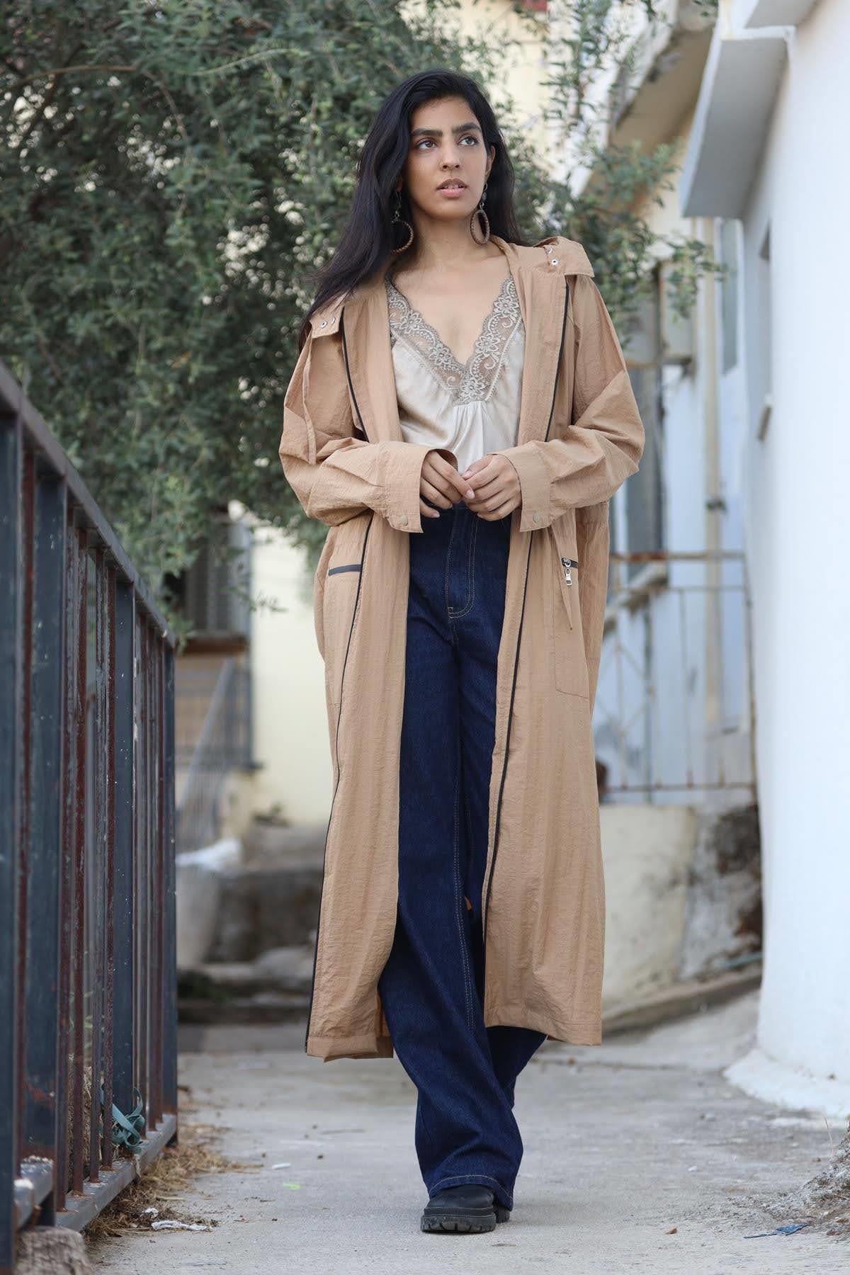 Camel With Smocking Long Raincoat