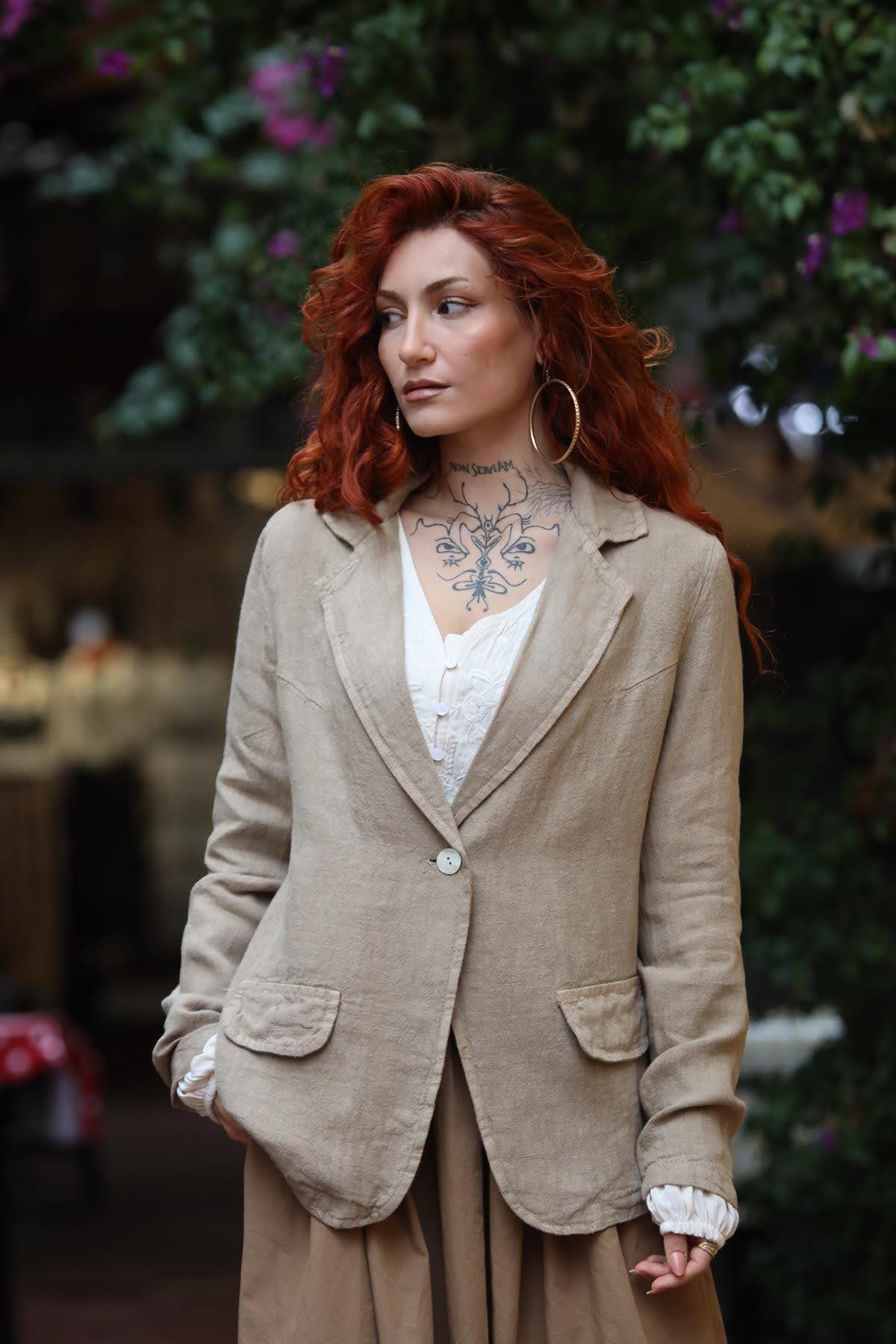 Camel Rengi Sahte Cepli Tek Düğmeli Ham Keten Ceket