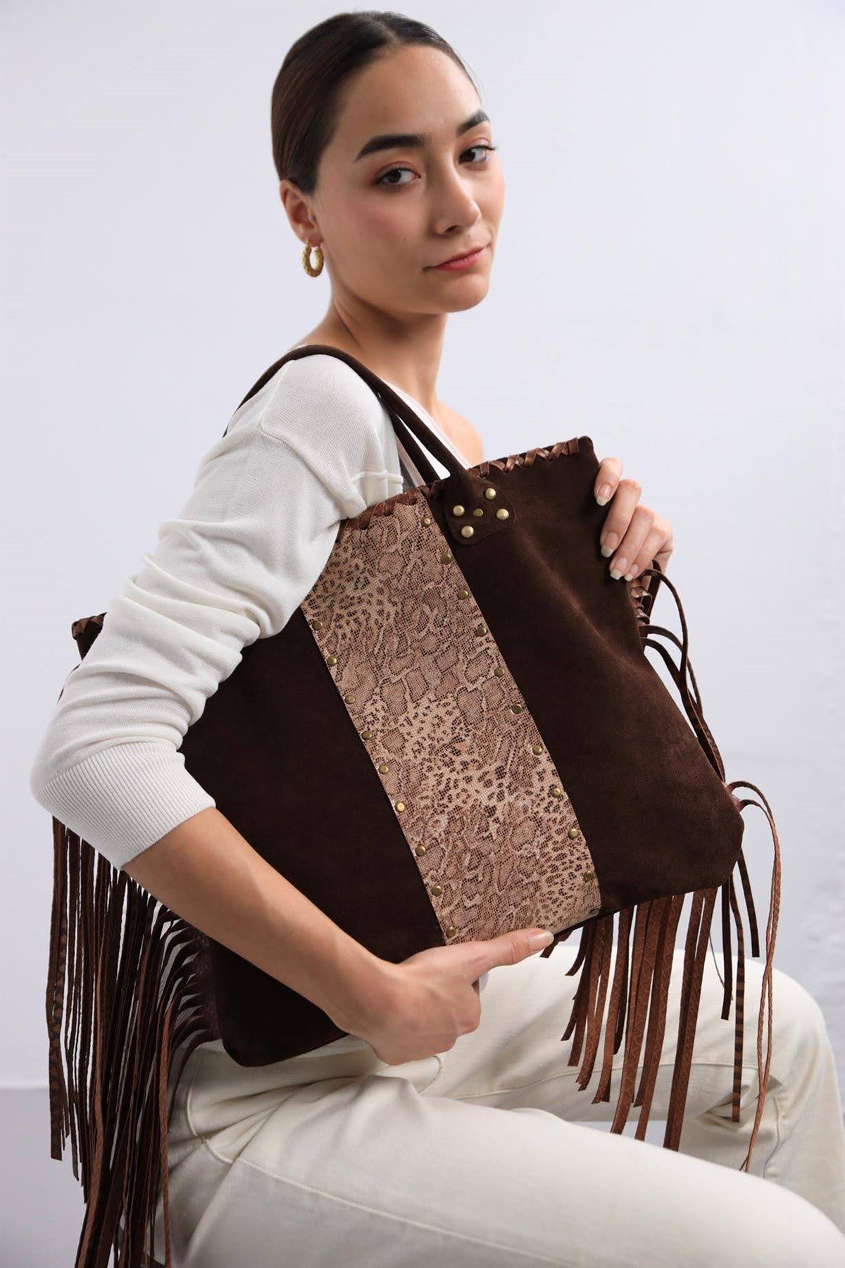 Brown Fringed Big Leather Bag