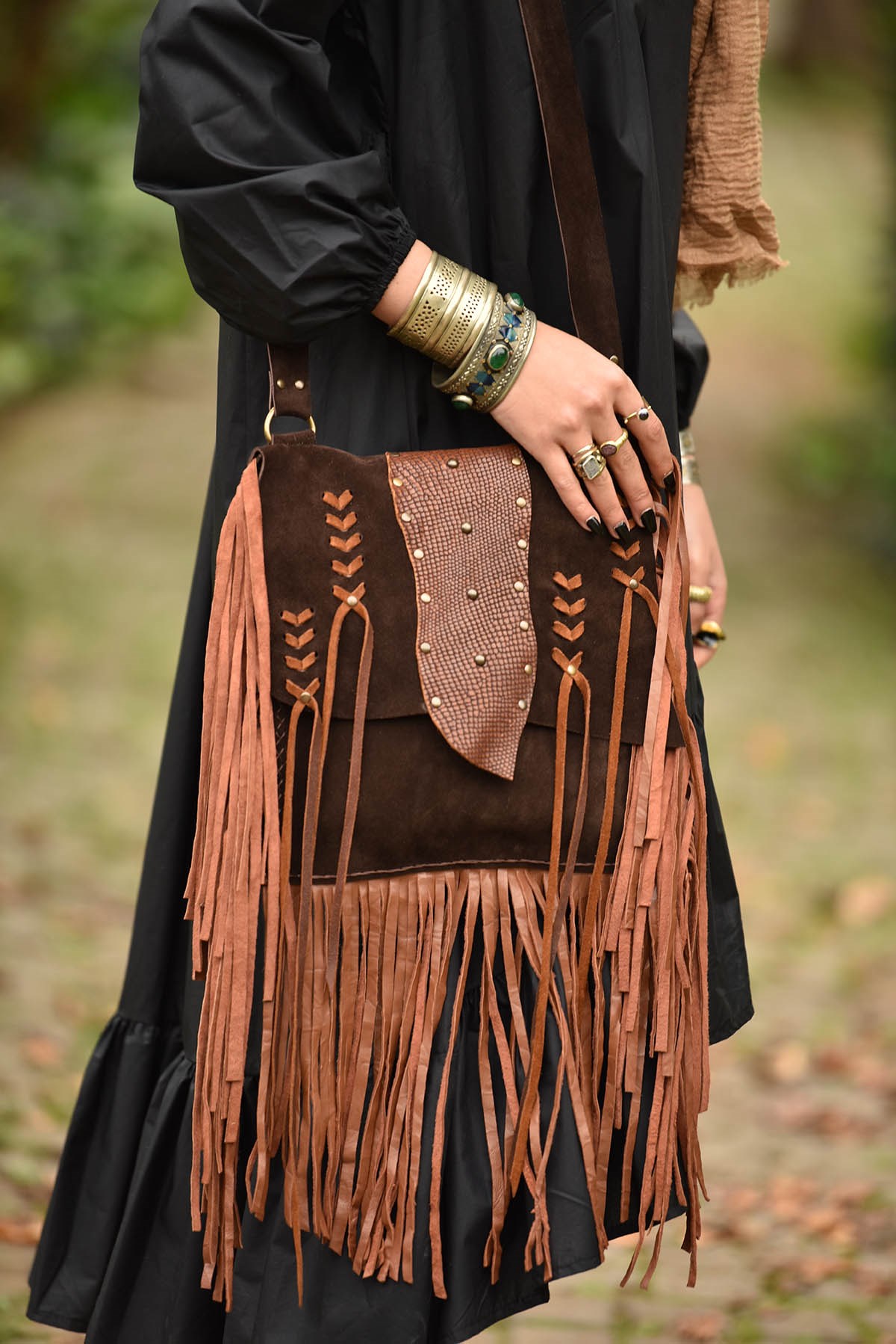 Koyu Kahverengi Püsküllü Süet Detay Zımbalı Deri Ç - Şaman Butik - Bohem  Giyim ve Aksesuar | Kadın & Erkek