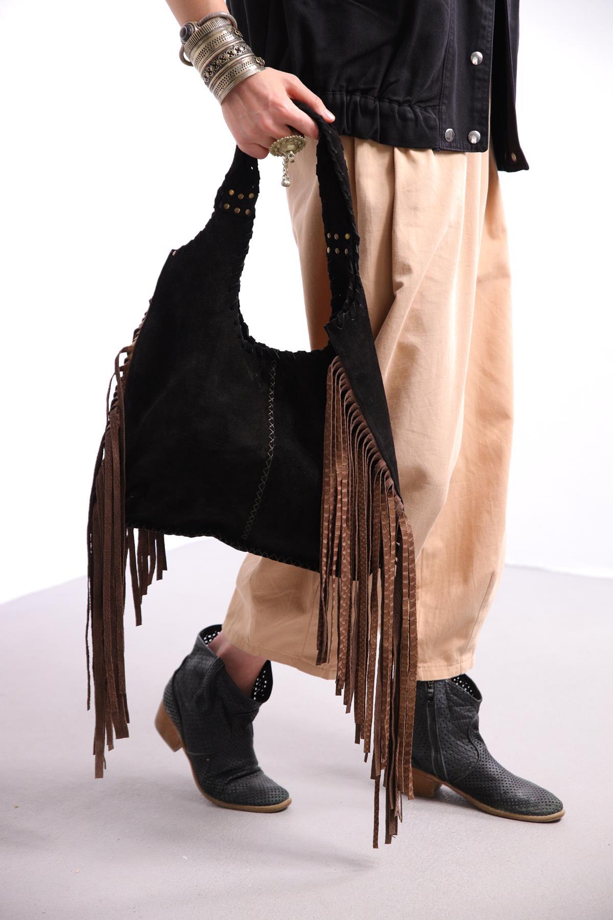 Siyah Süet Püsküllü Çanta - Şaman Butik - Bohem Giyim ve Aksesuar | Kadın &  Erkek