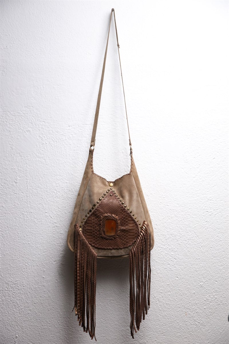 Mink Natural Stone Detailed Tasseled Leather Bag - Saman Butik | Shop Online Mink Natural Stone Detailed Tasseled Leather Bag