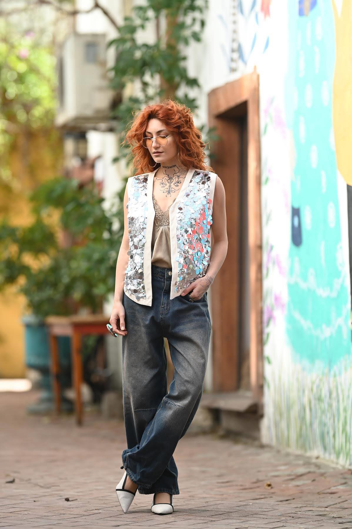 Taş Rengi Payetli Yelek