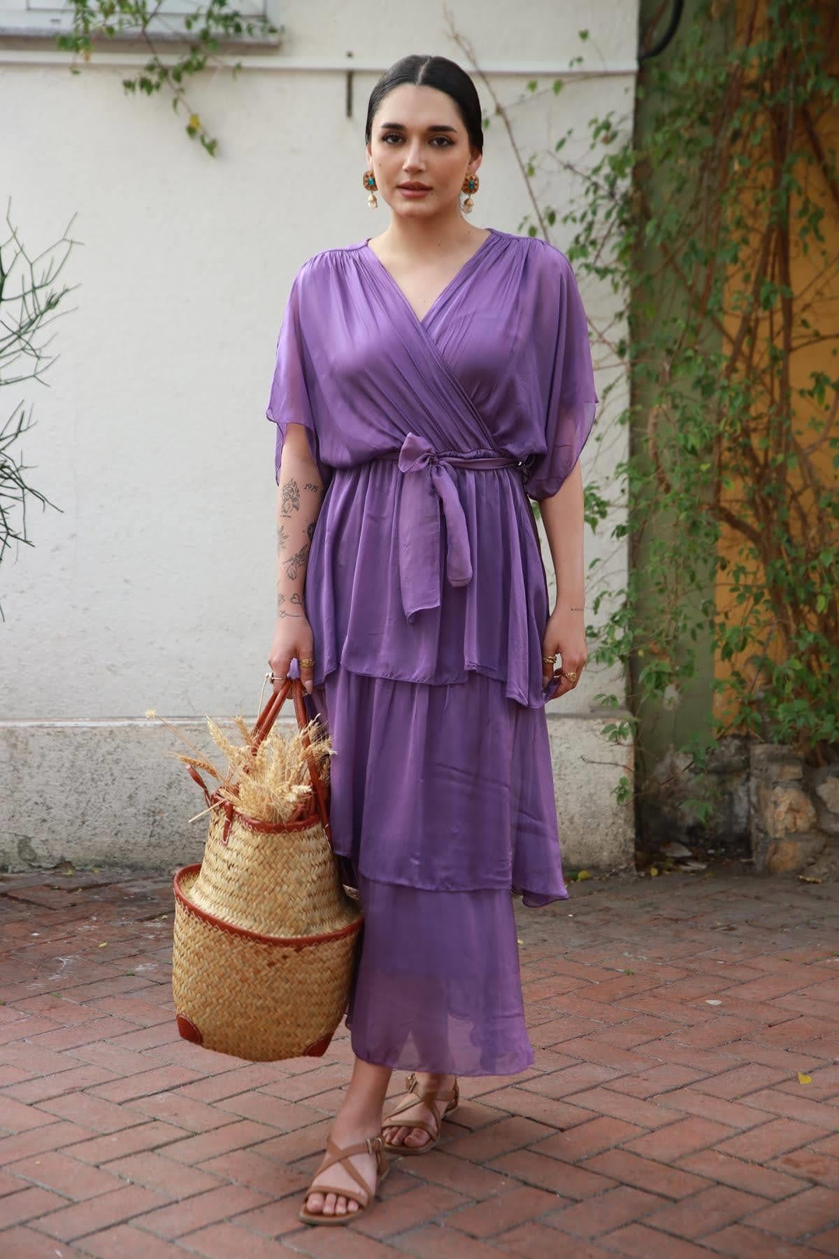 Purple Double Breasted Tie Waist Silk Dress