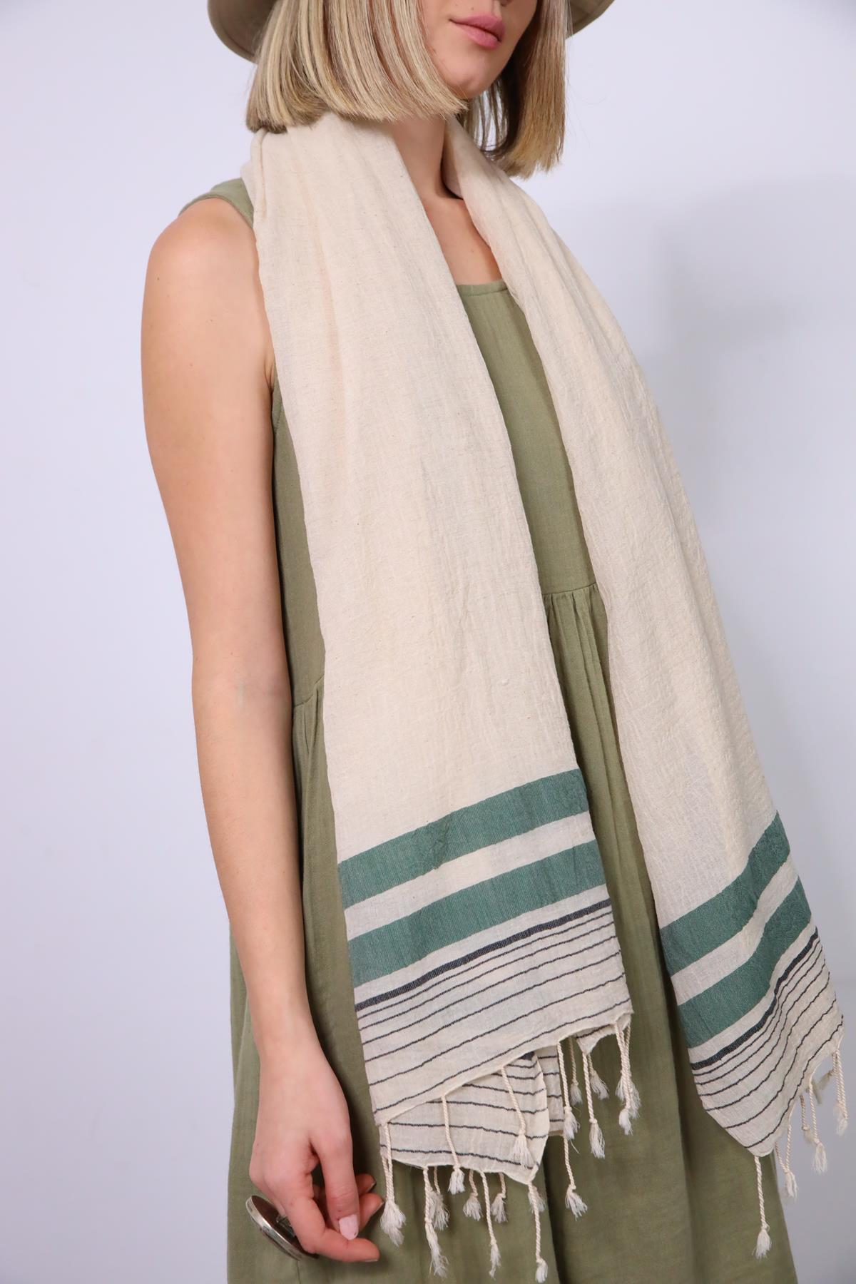 Yeşil Çizgili Keten Hale Peştamal - Şaman Butik Yeşil Çizgili Keten Hale Peştamal