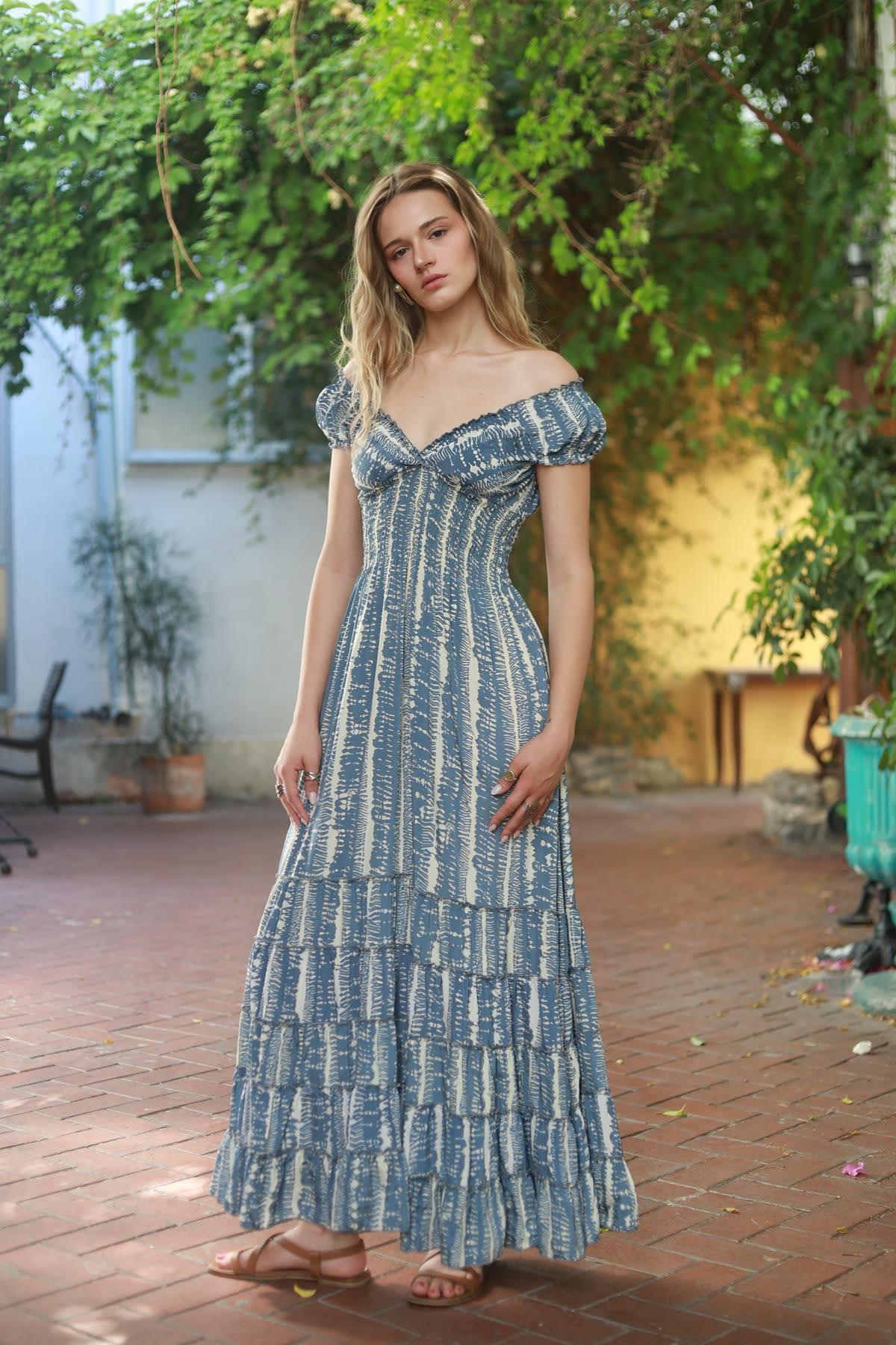 Indigo Blue Patterned Silk Dress
