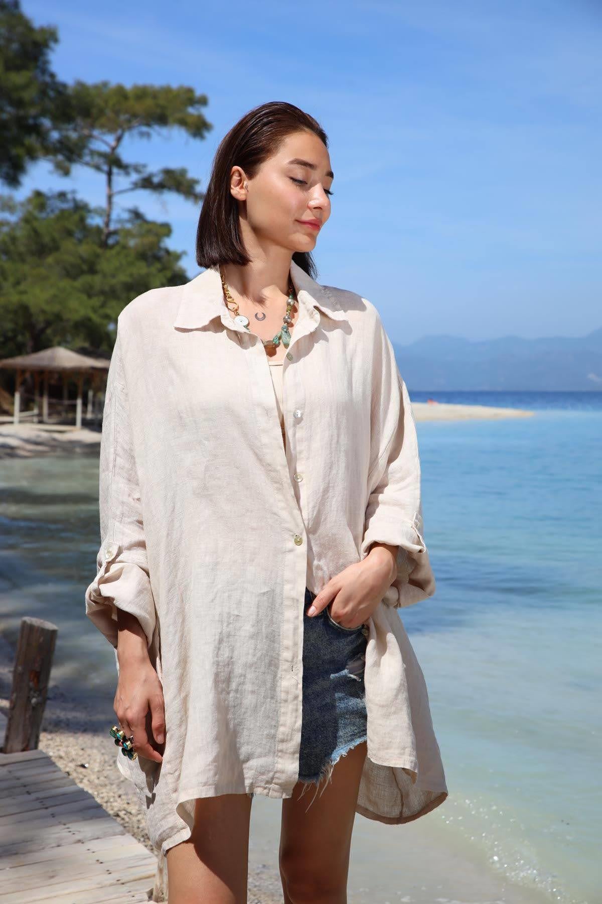  Krem Rengi Kolları Apoletli Uzun Keten Gömlek