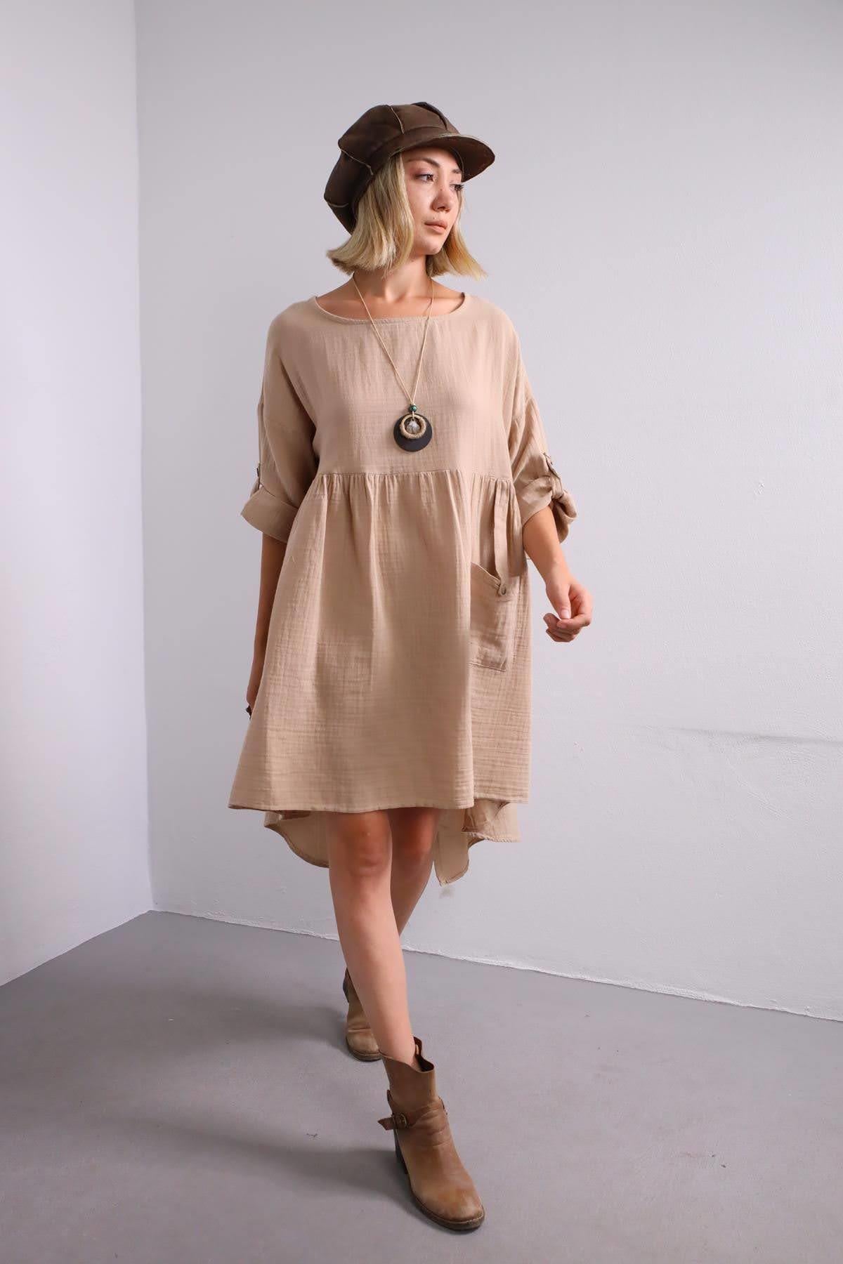 Camel Rengi Tek Cepli Kolu Apoletli Müslin Elbise - Şaman Butik Camel Rengi Tek Cepli Kolu Apoletli Müslin Elbise