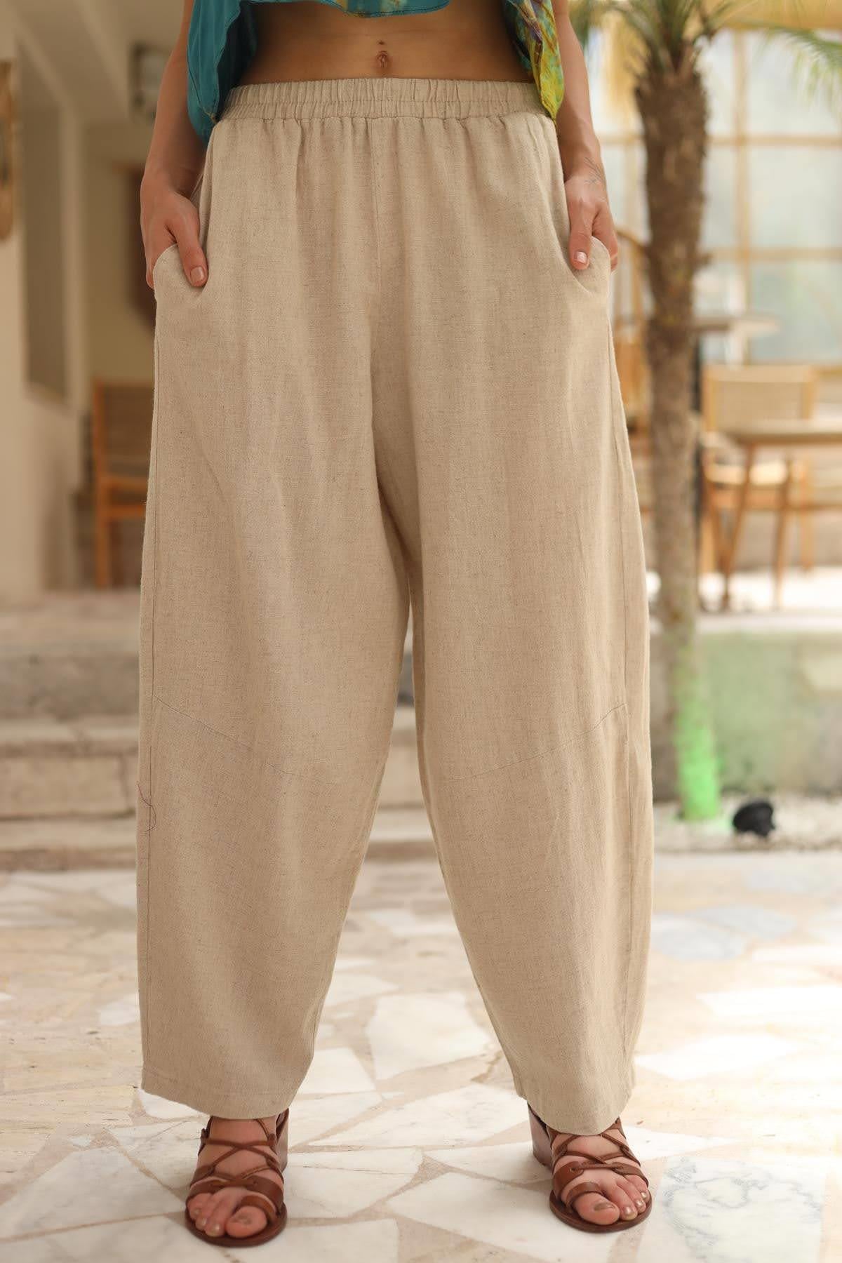 Taş Rengi Beli Lastikli Paçası Pensli Salaş Pantolon