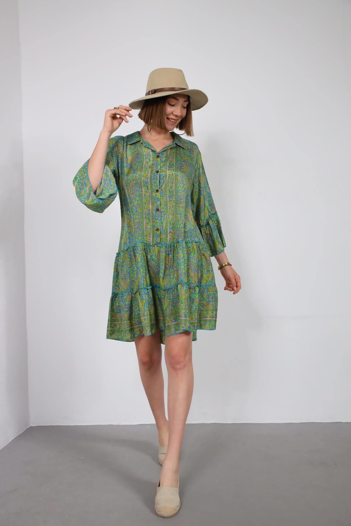 Yeşil Gömlek Yaka Kolları Volanlı Düğmeli Otantik Elbise - Şaman Butik Yeşil Gömlek Yaka Kolları Volanlı Düğmeli Otantik Elbise