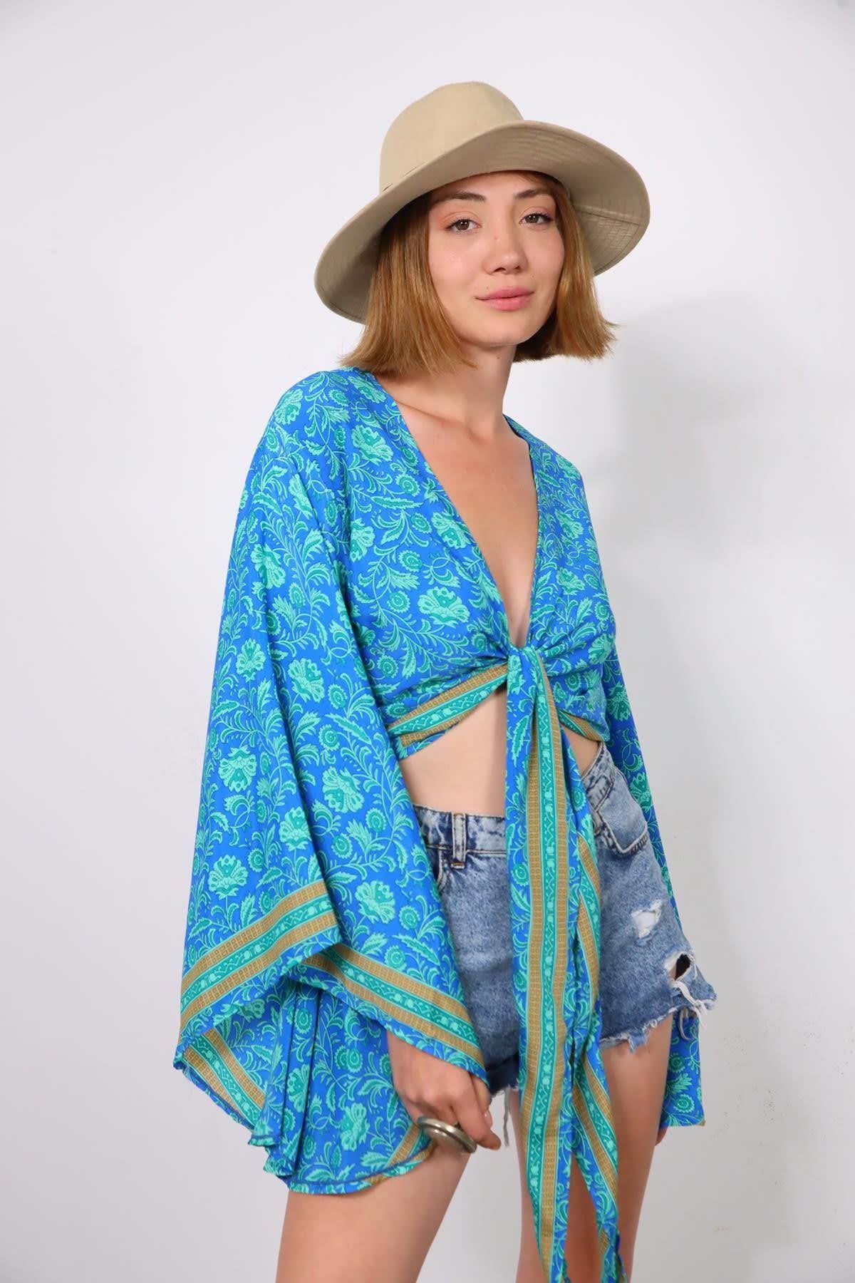 Saks Mavisi Yarasa Kol İpek Bolero - Şaman Butik Saks Mavisi Yarasa Kol İpek Bolero