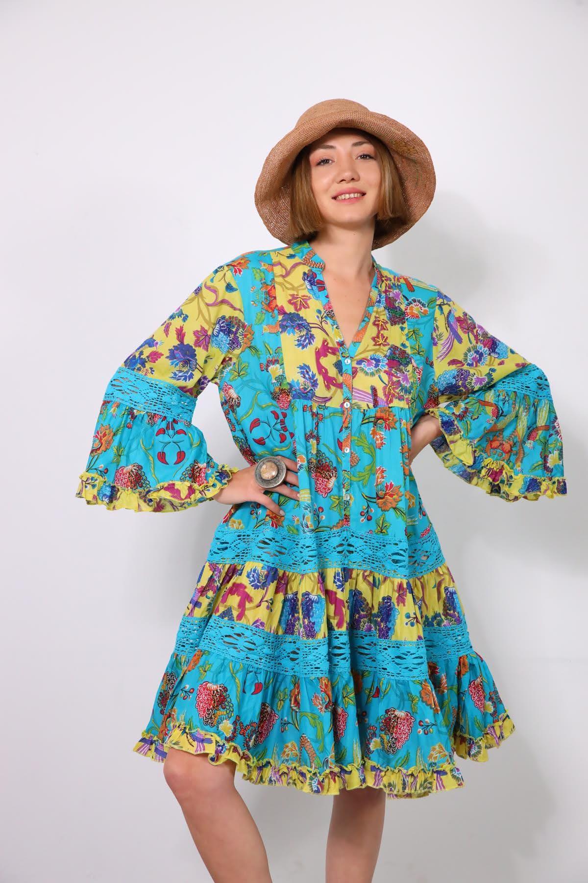 Turkuaz Kolları Volanlı Güpür Detaylı Otantik Elbise - Şaman Butik Turkuaz Kolları Volanlı Güpür Detaylı Otantik Elbise