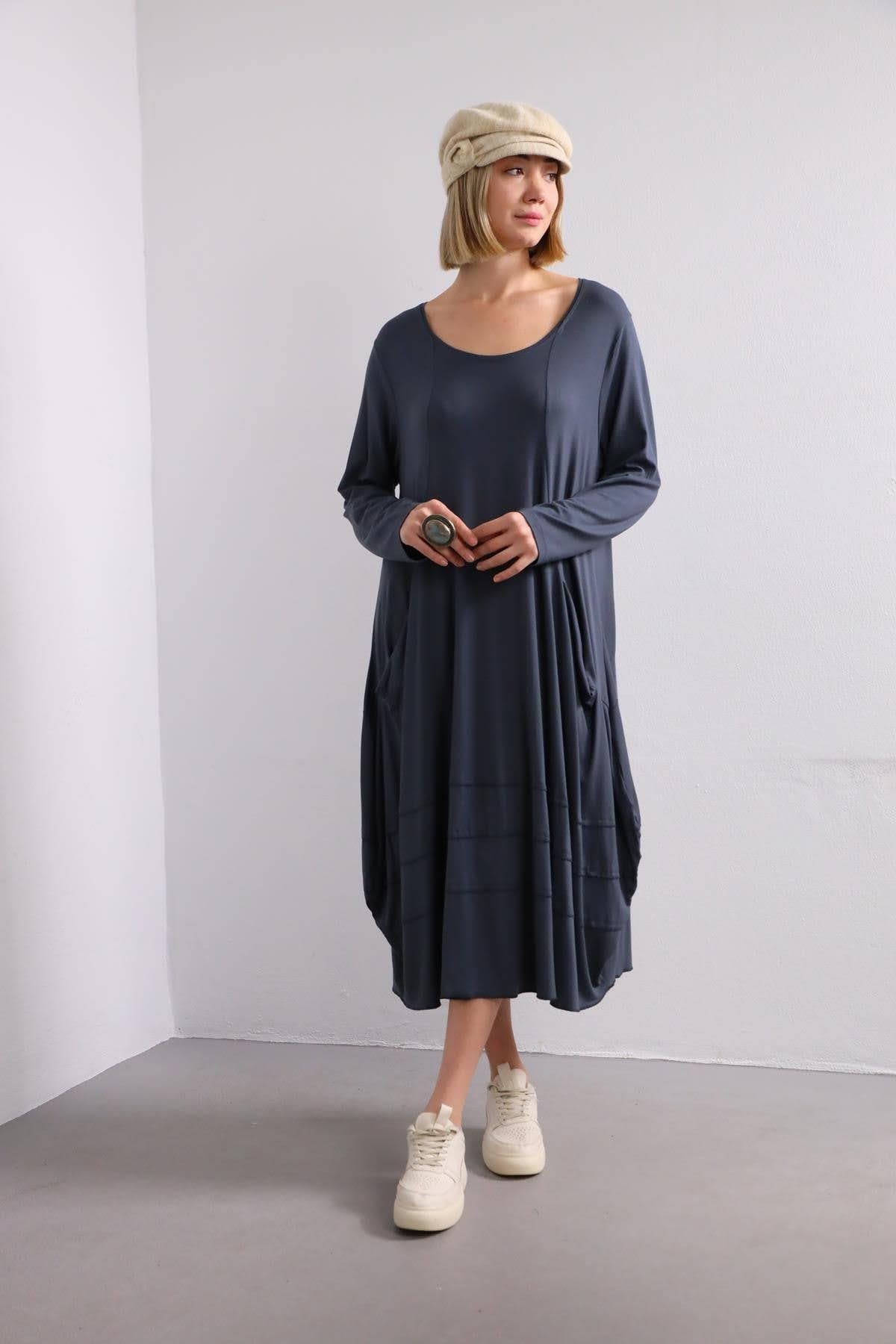 Füme Bisiklet Yaka Cepli Parça Detaylı Elbise - Şaman Butik Füme Bisiklet Yaka Cepli Parça Detaylı Elbise