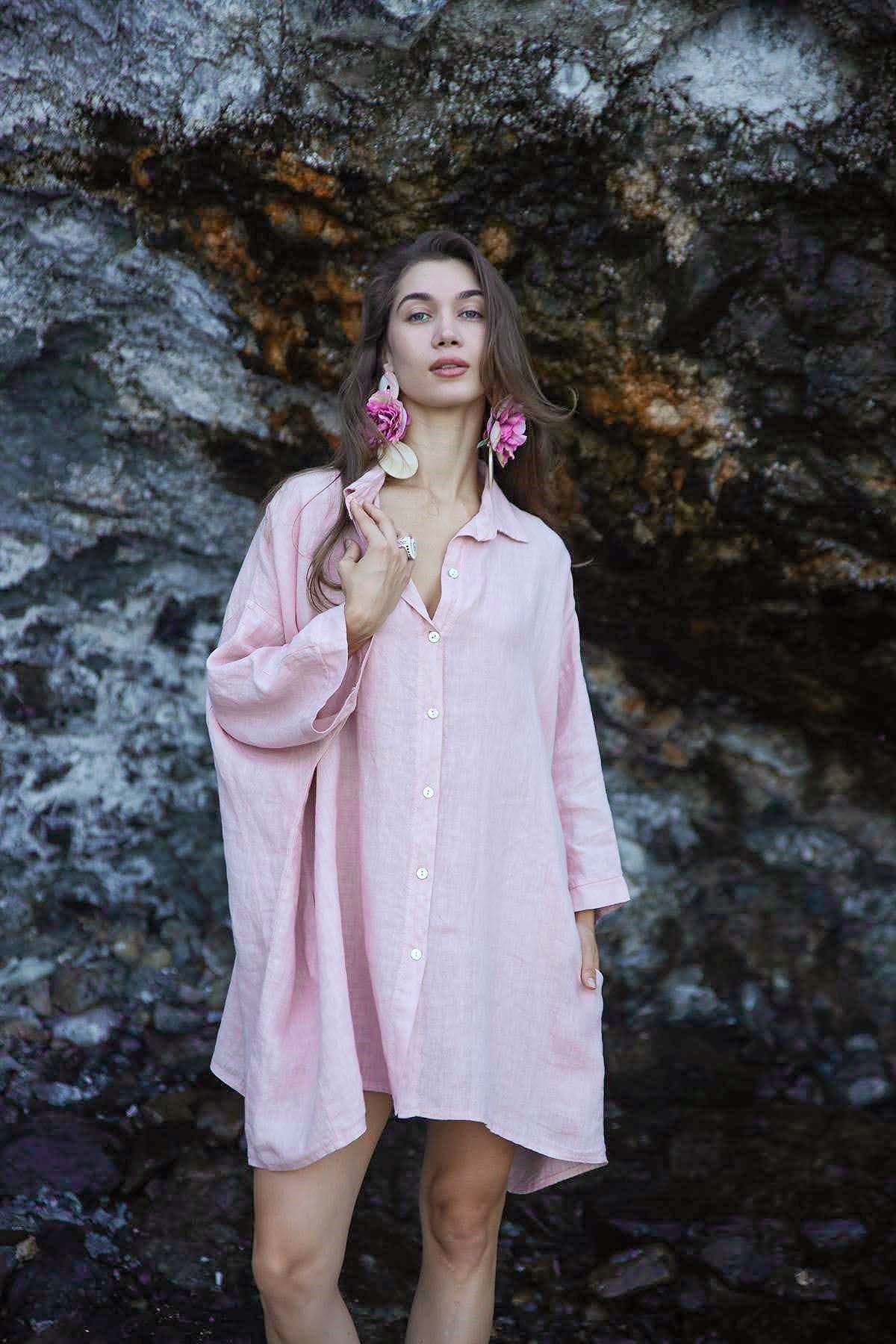 Pudra Pembe Kolu Kısa Düğmeli Keten Tunik