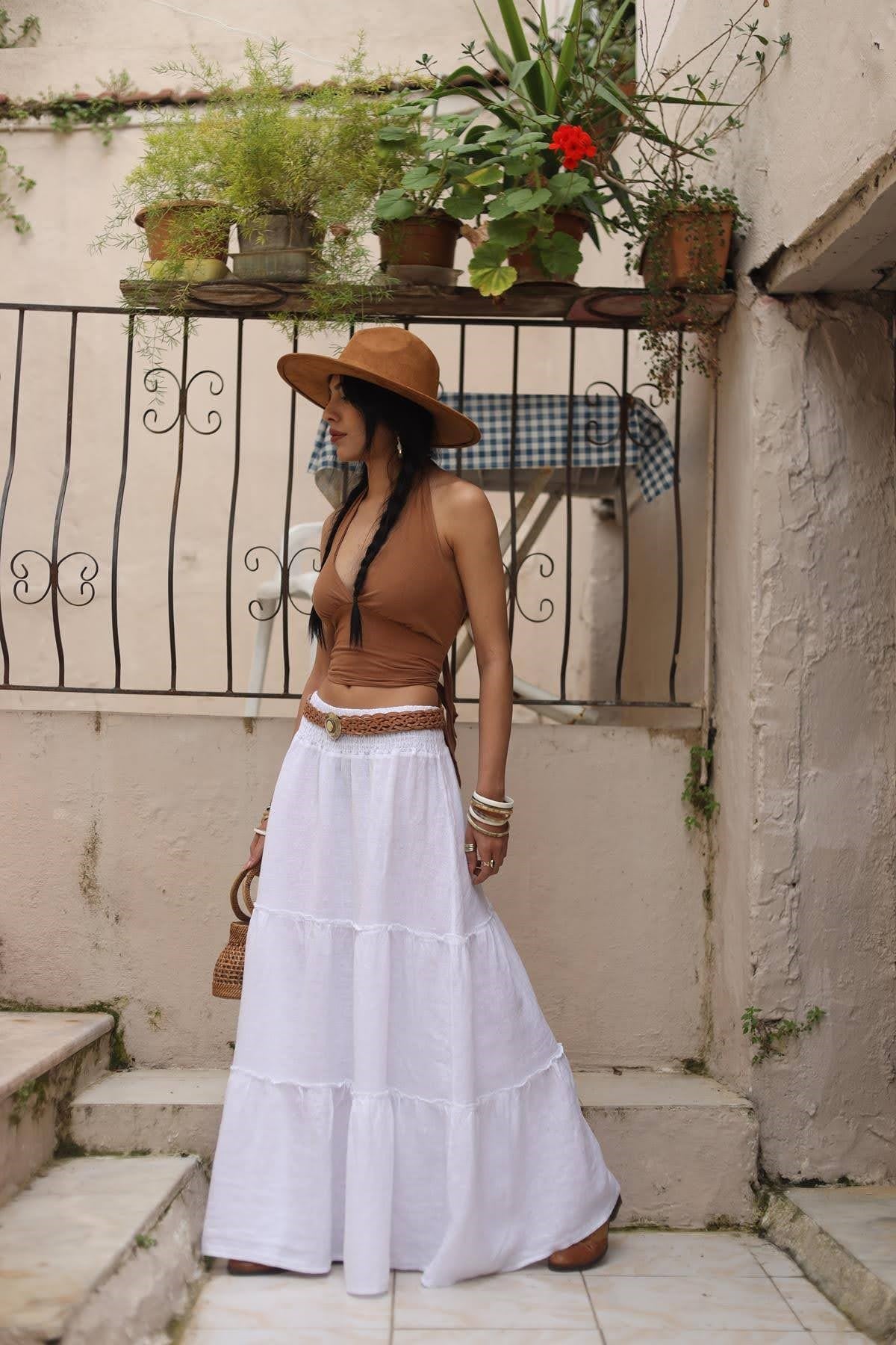 Beyaz Dikiş Detaylı Beli Gipeli Keten Etek